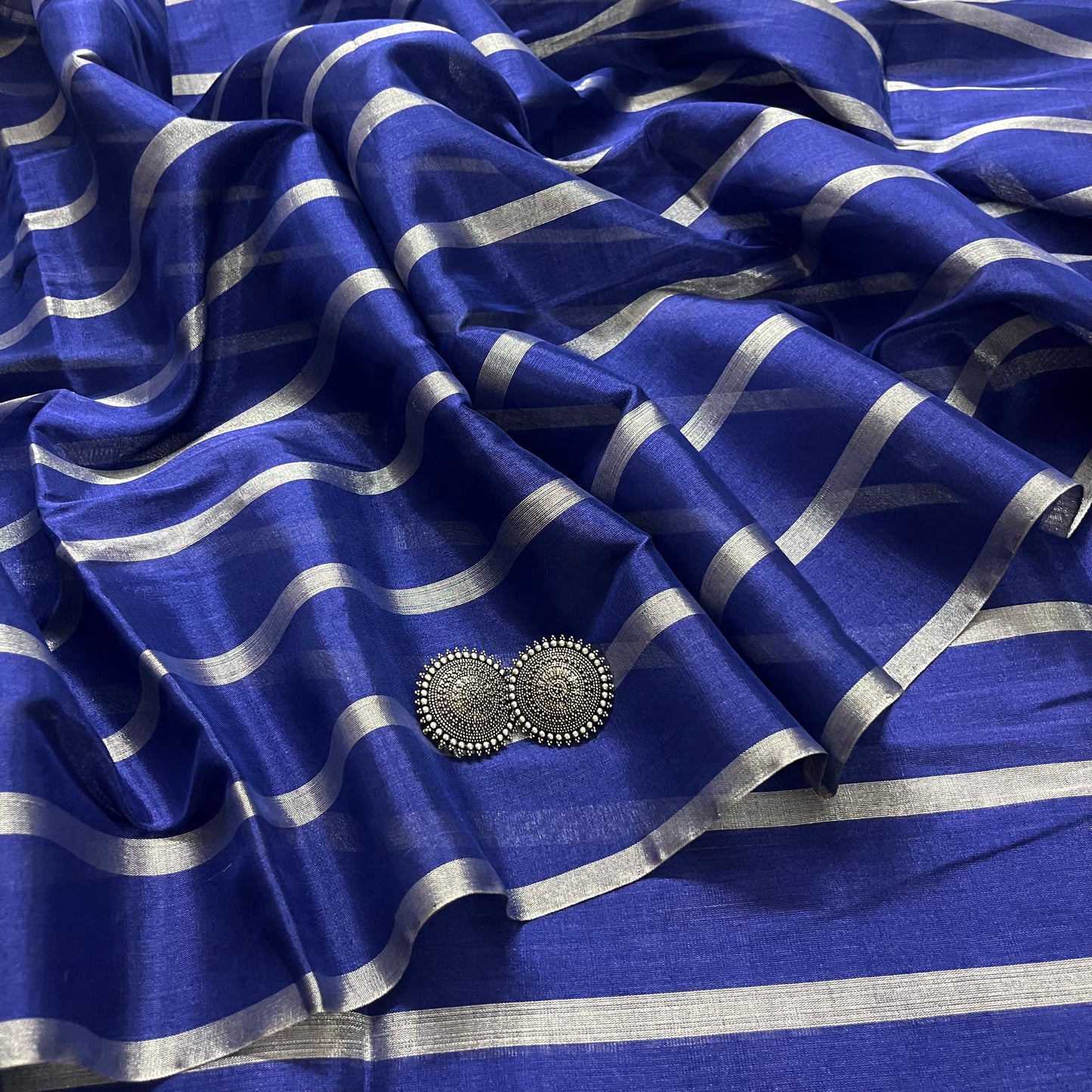 Dark blue and silver striped chanderi tissue silk saree
