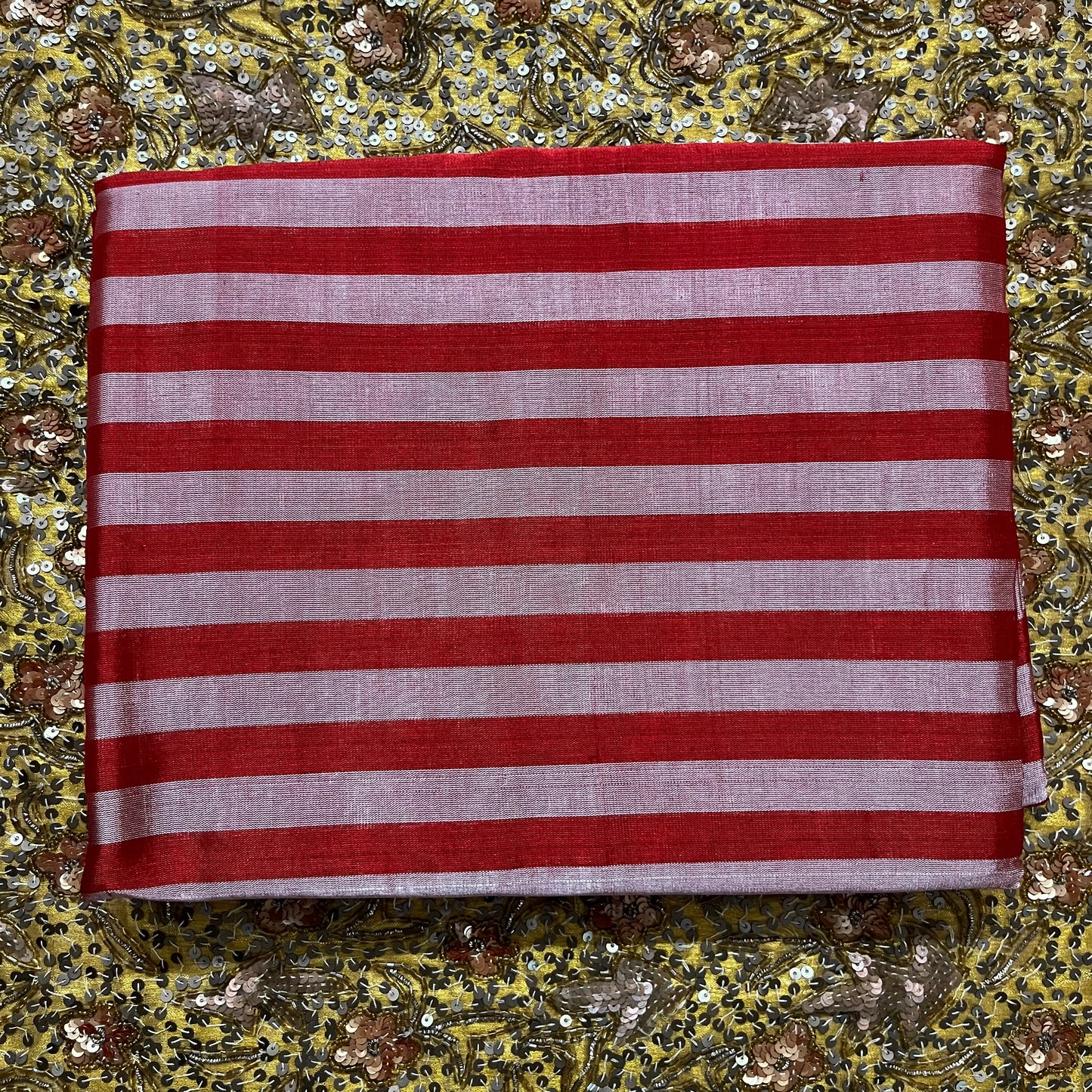 Red and silver striped chanderi tissue silk saree