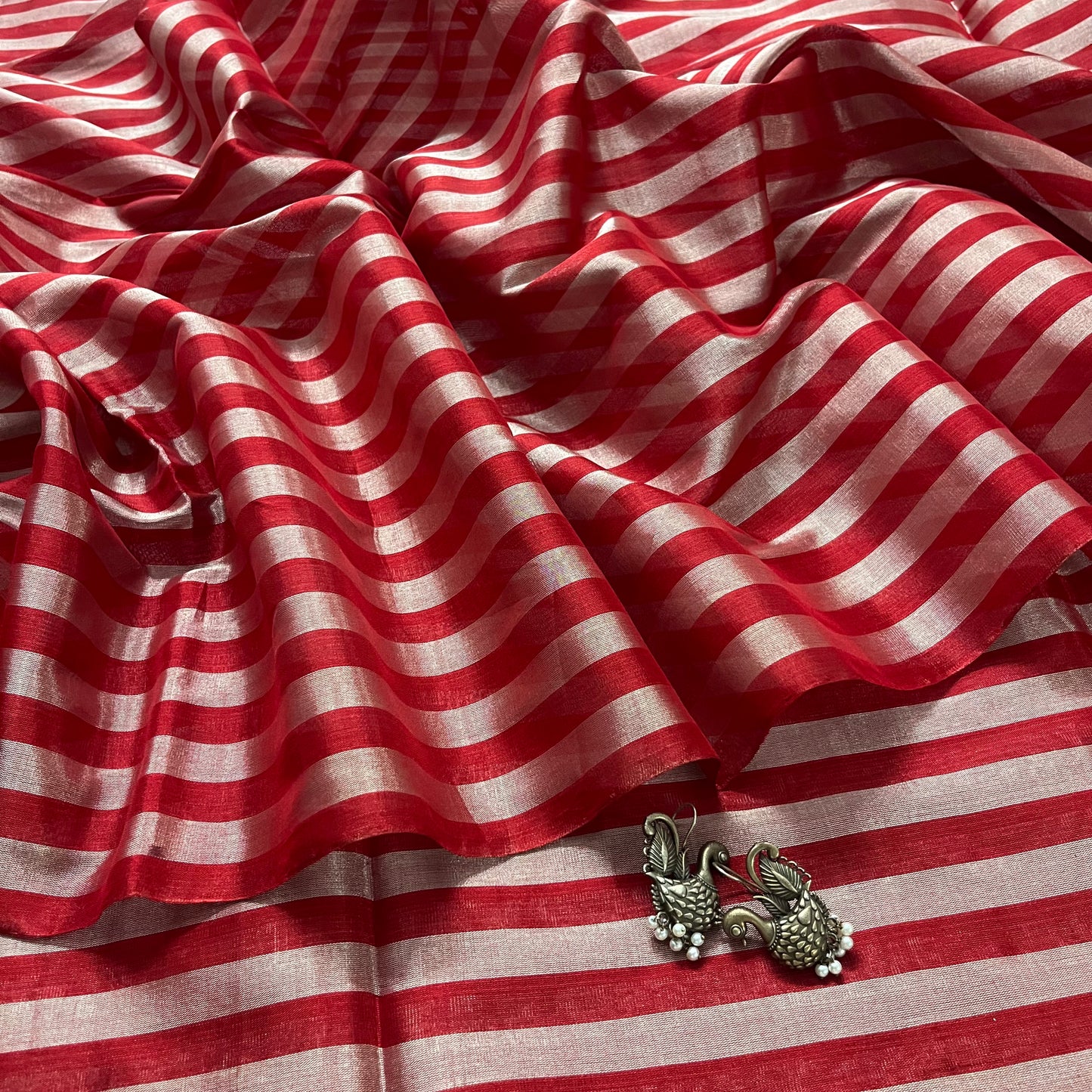 Red and silver striped chanderi tissue silk saree