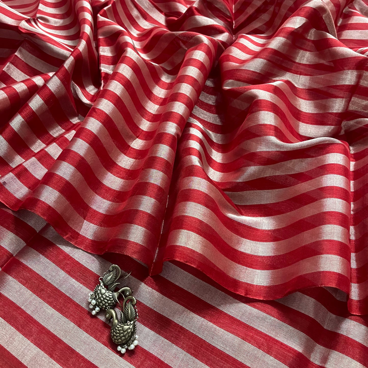 Red and silver striped chanderi tissue silk saree