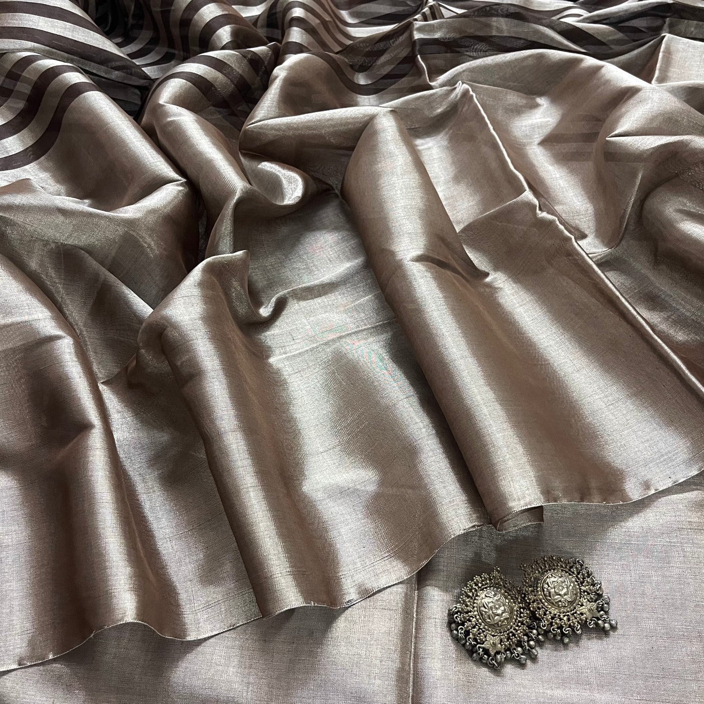 Brown and silver striped chanderi tissue silk saree