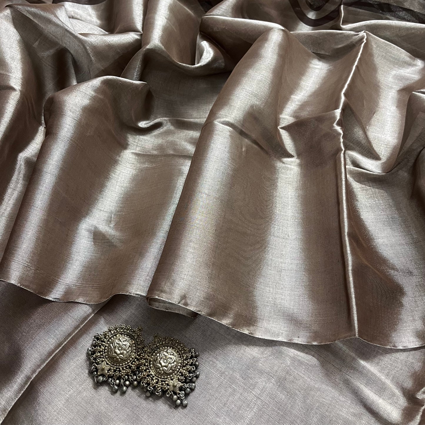 Brown and silver striped chanderi tissue silk saree