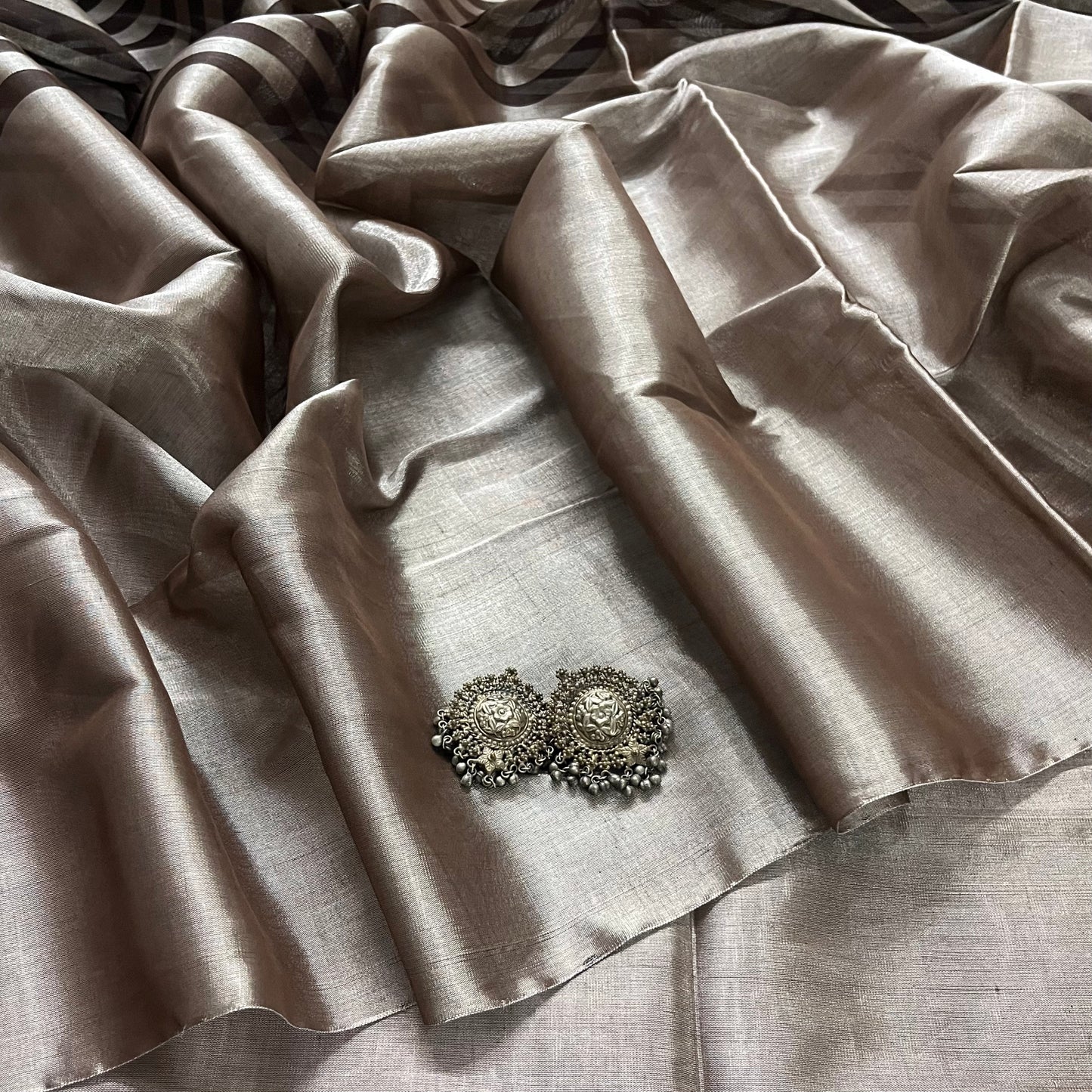 Brown and silver striped chanderi tissue silk saree