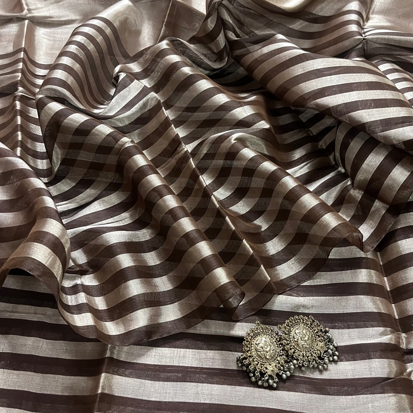 Brown and silver striped chanderi tissue silk saree