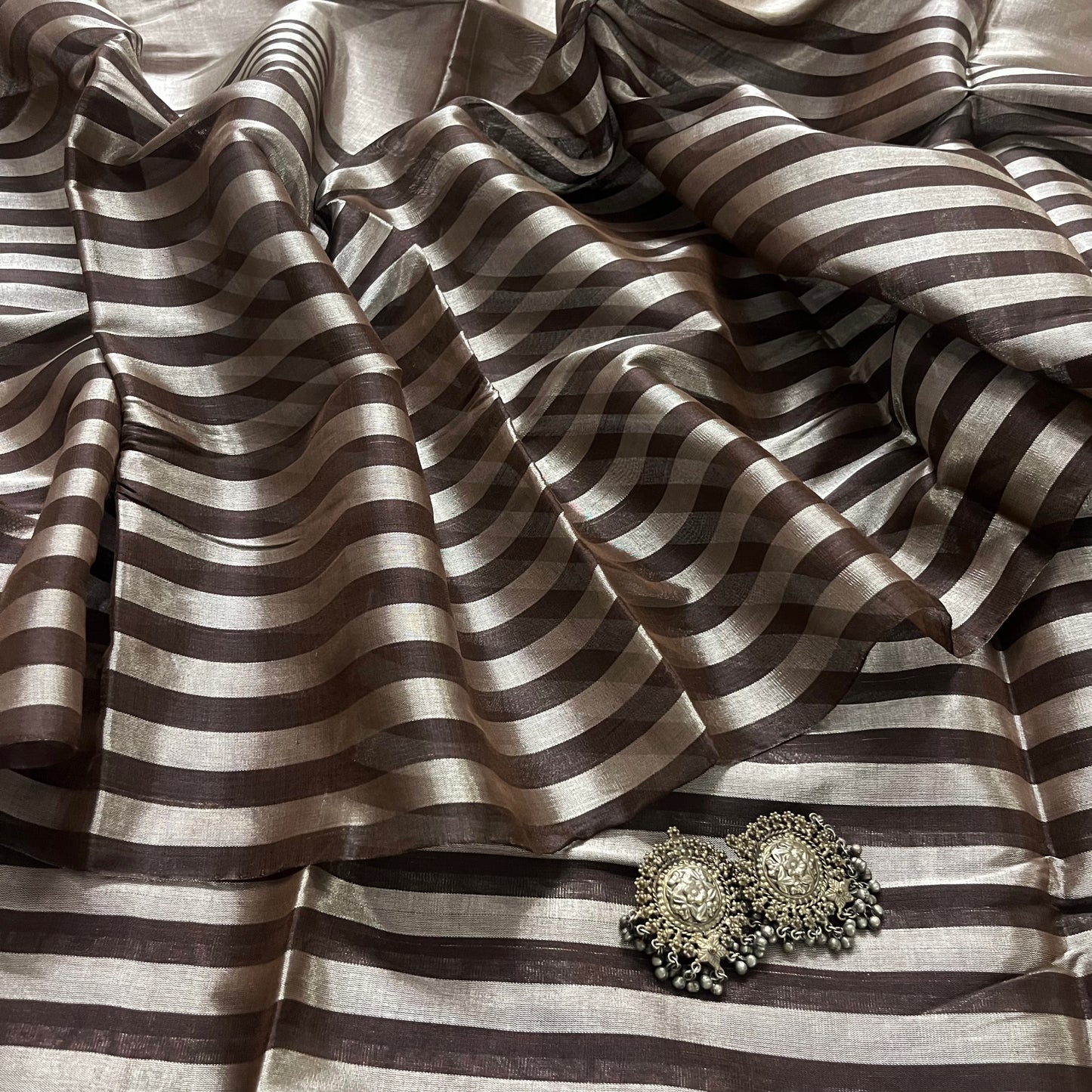 Brown and silver striped chanderi tissue silk saree