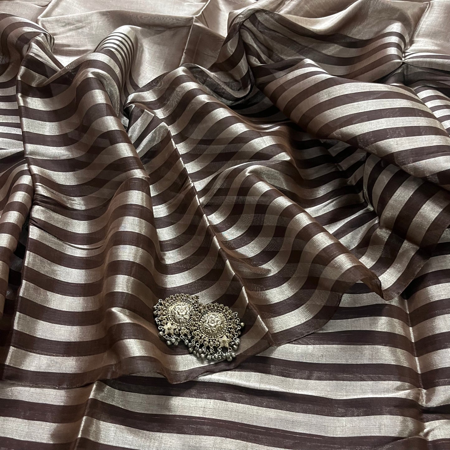 Brown and silver striped chanderi tissue silk saree