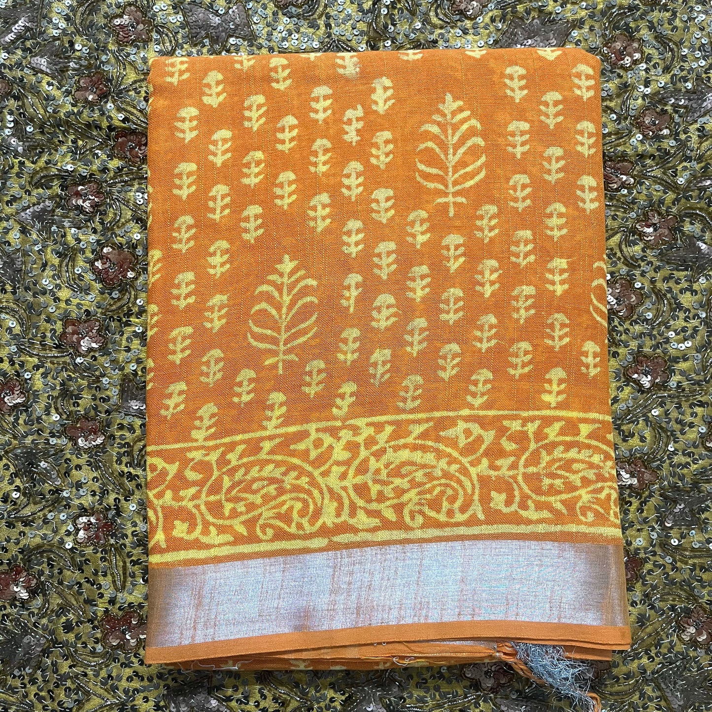 Mustard linen saree with block print all over