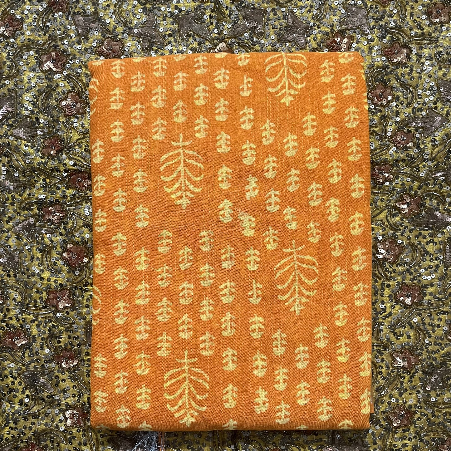 Mustard linen saree with block print all over