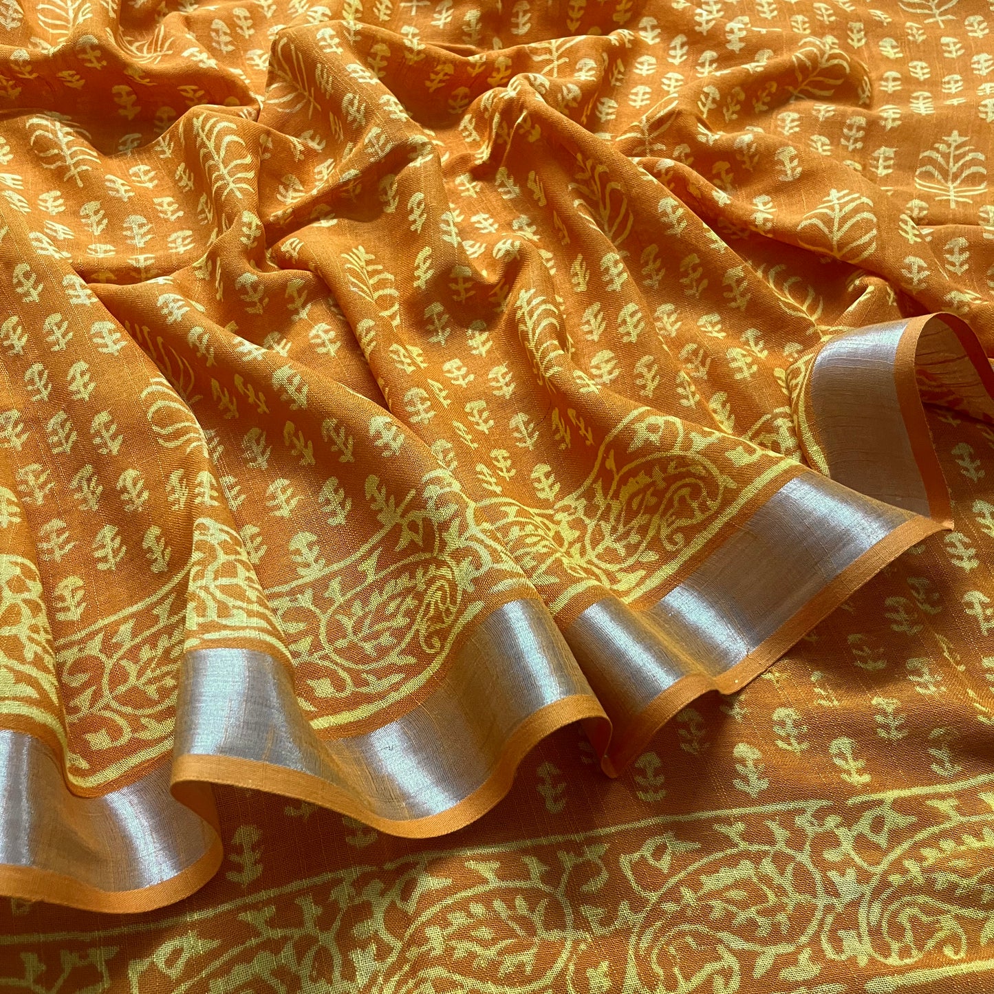 Mustard linen saree with block print all over