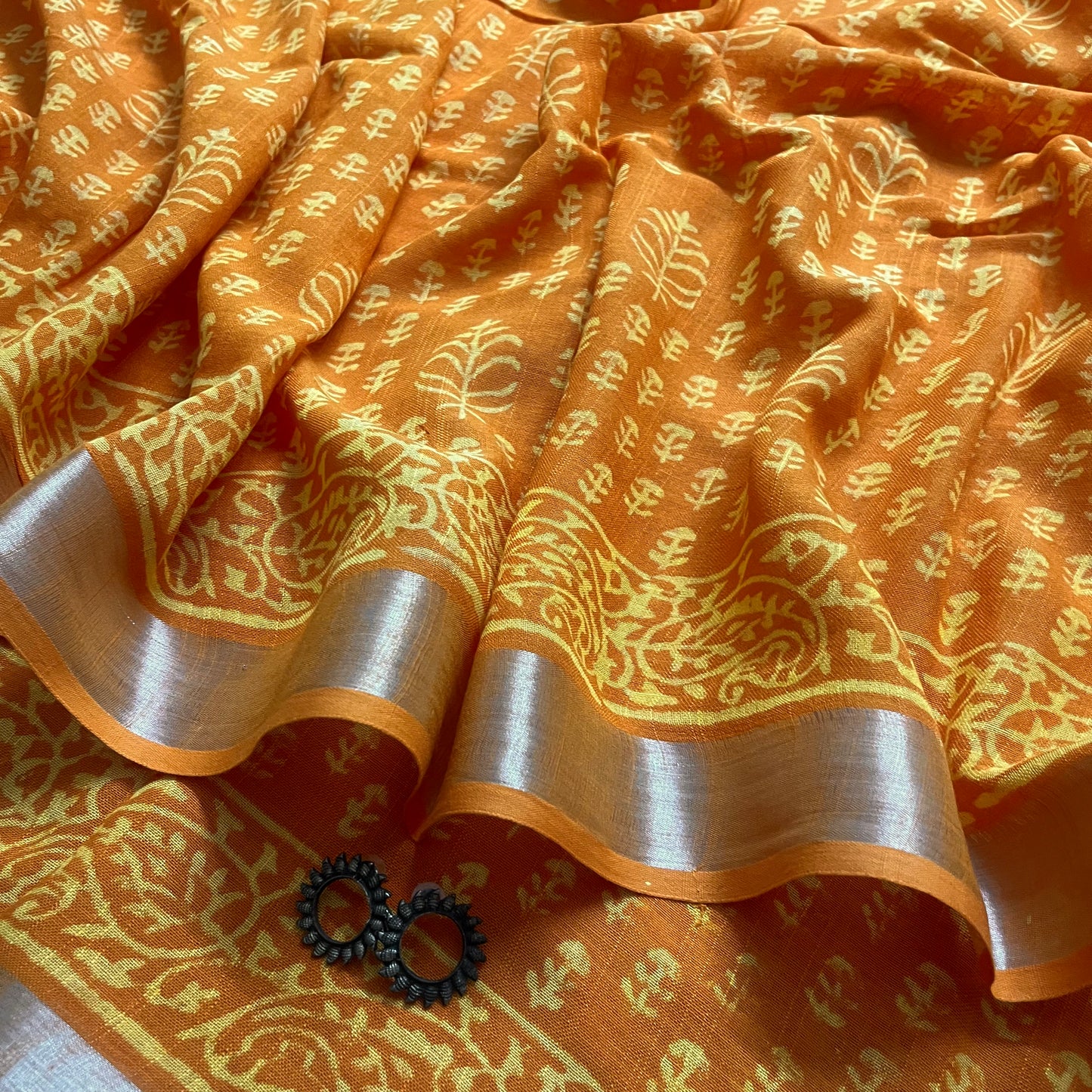 Mustard linen saree with block print all over