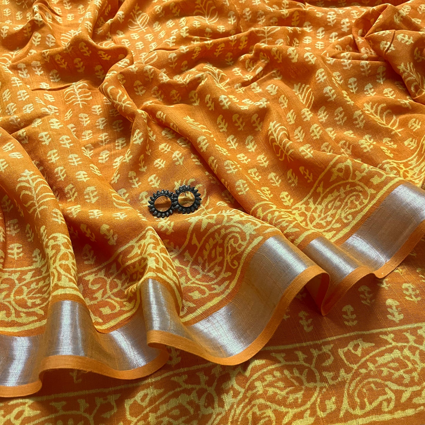 Mustard linen saree with block print all over