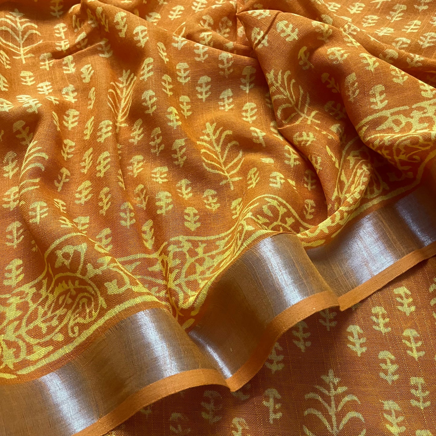 Mustard linen saree with block print all over