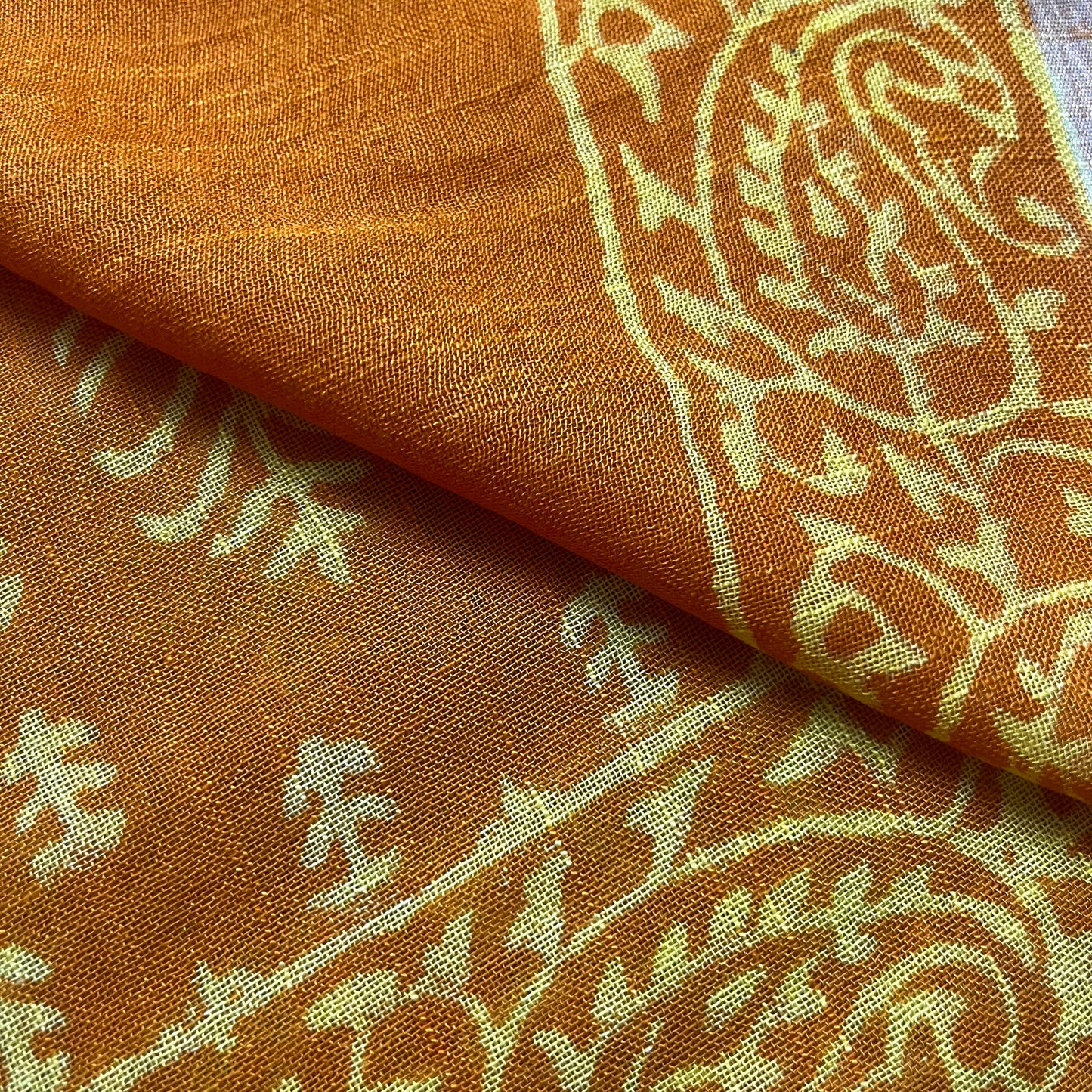 Mustard linen saree with block print all over