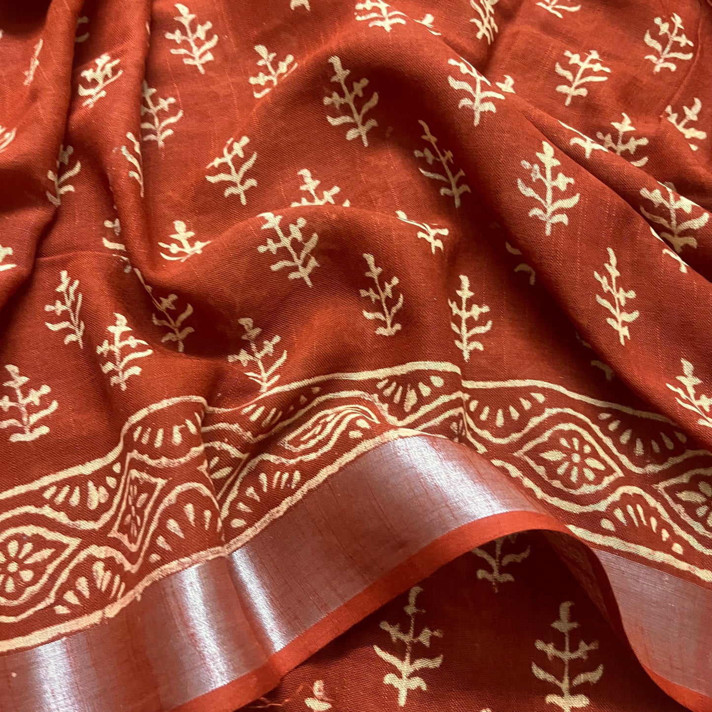 Rust linen saree with block print all over