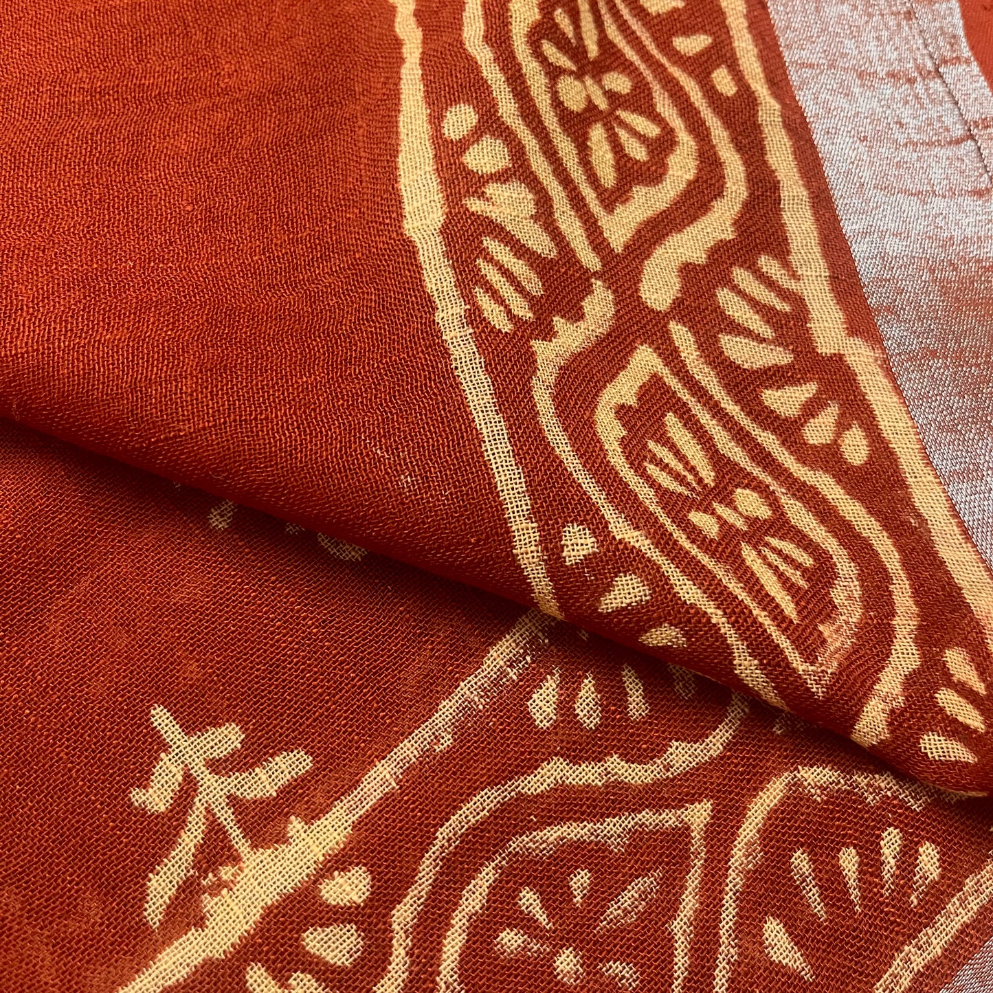 Rust linen saree with block print all over