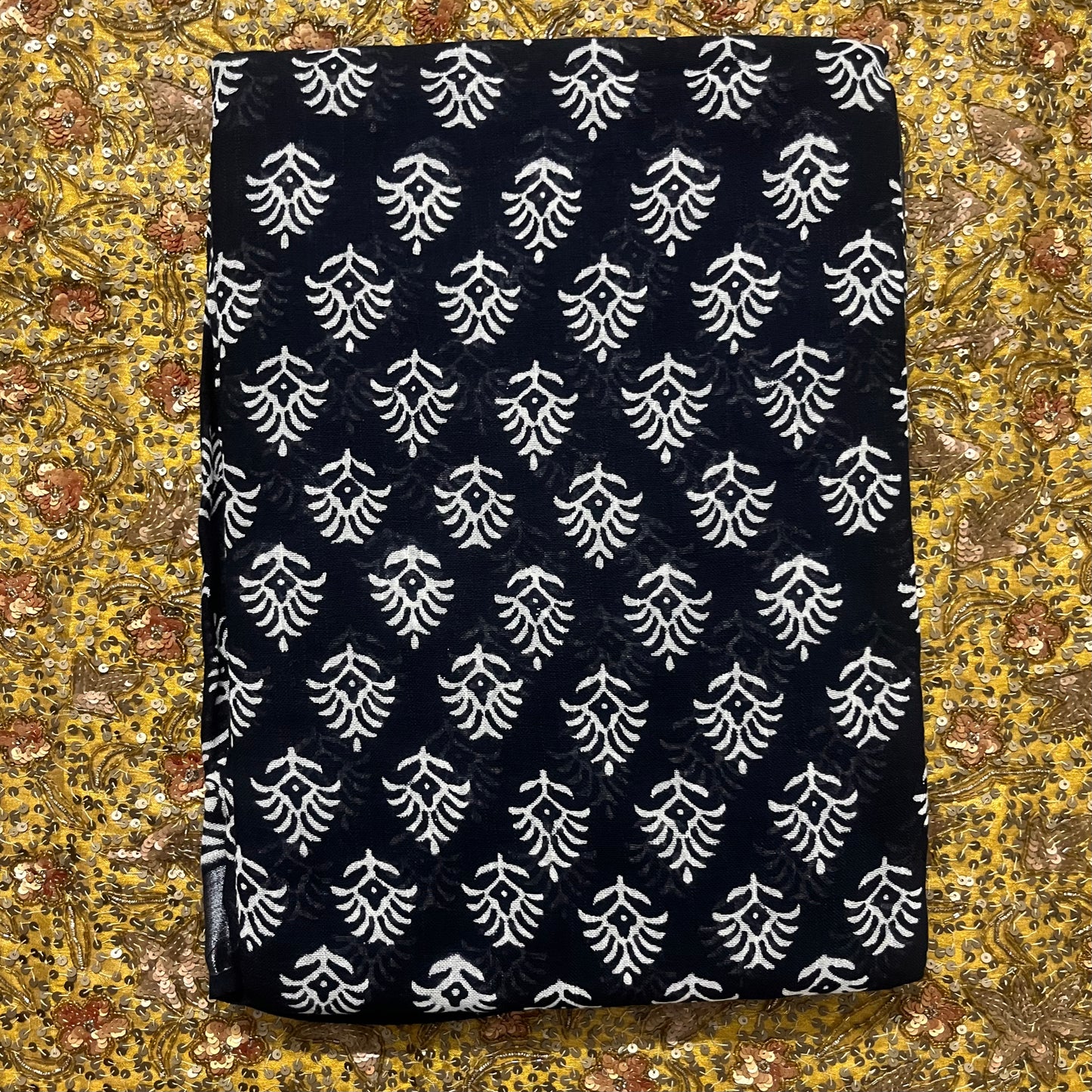 Black and white linen saree with block print all over