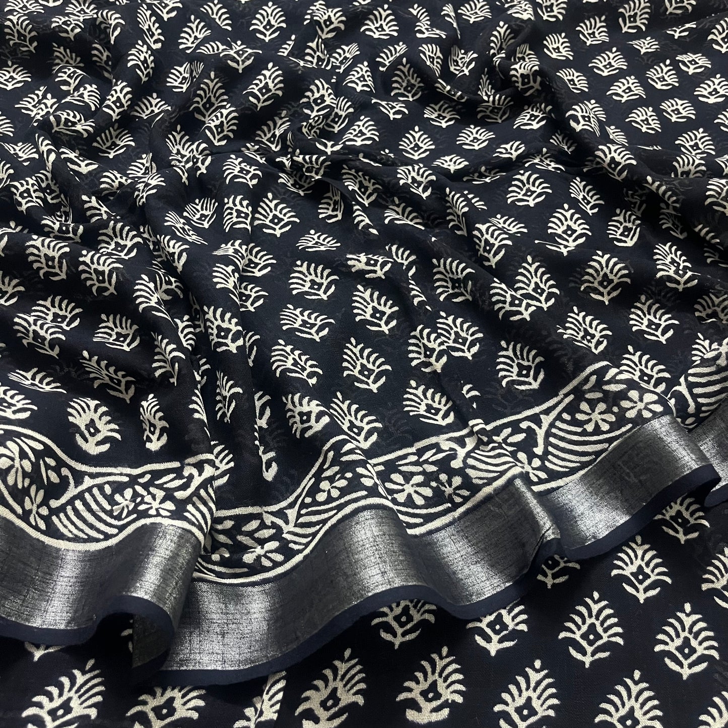 Black and white linen saree with block print all over