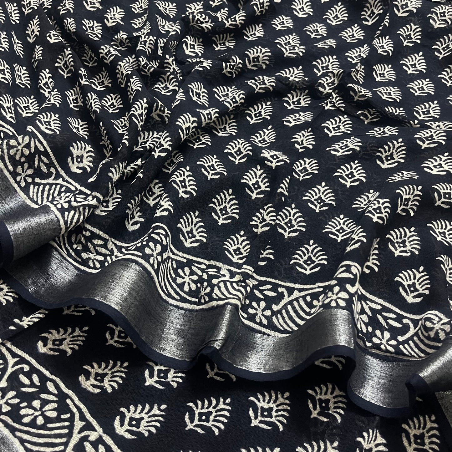 Black and white linen saree with block print all over