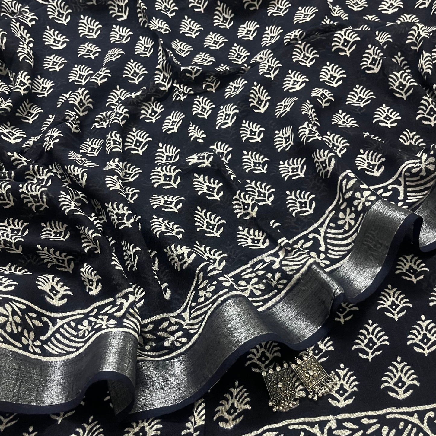 Black and white linen saree with block print all over