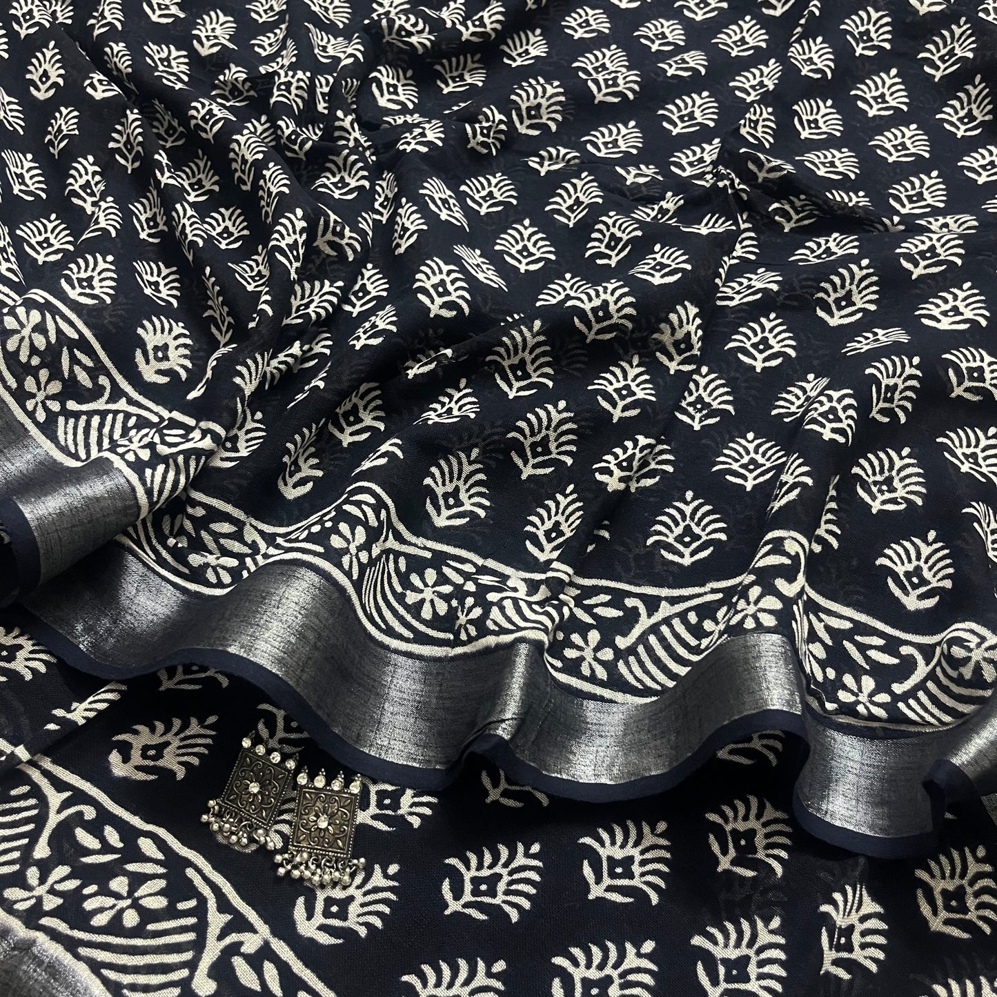 Black and white linen saree with block print all over