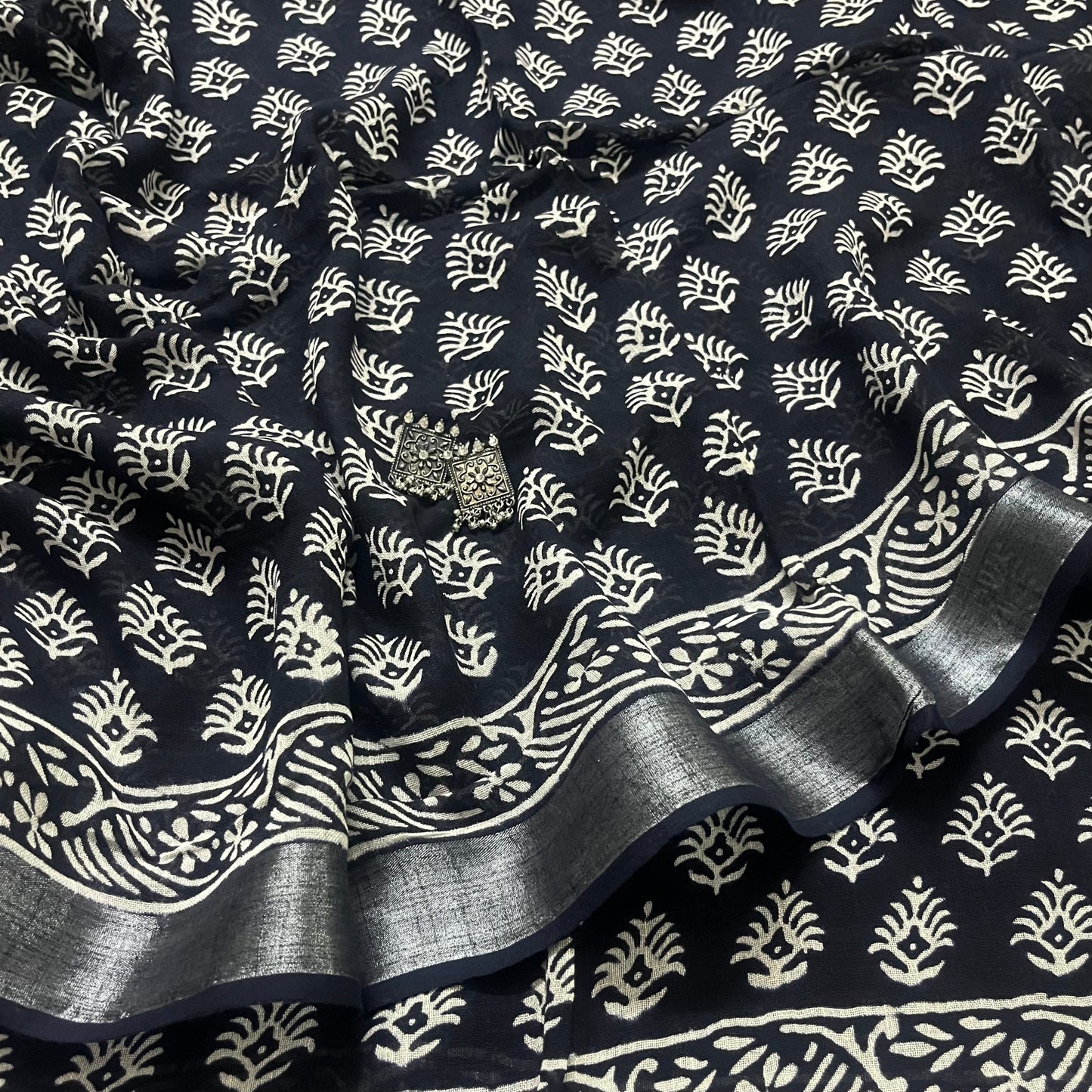 Black and white linen saree with block print all over