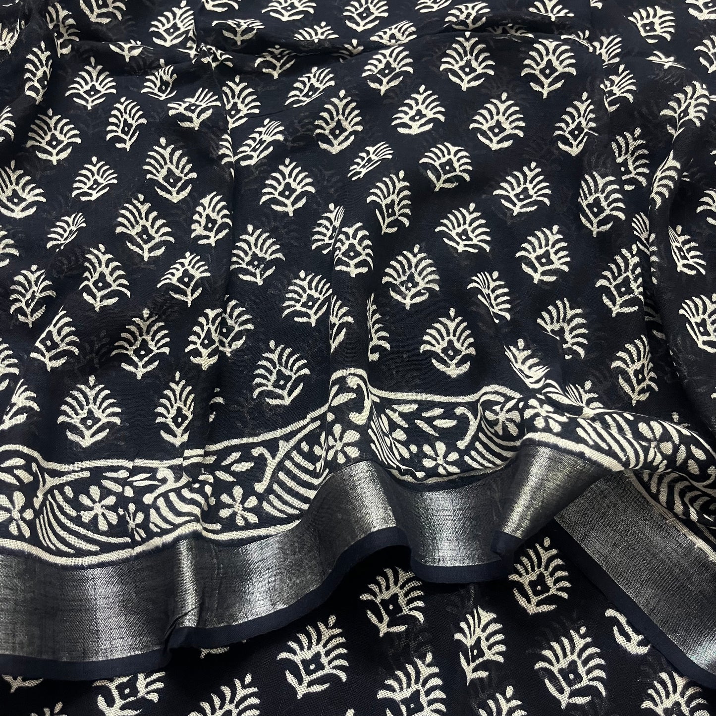 Black and white linen saree with block print all over