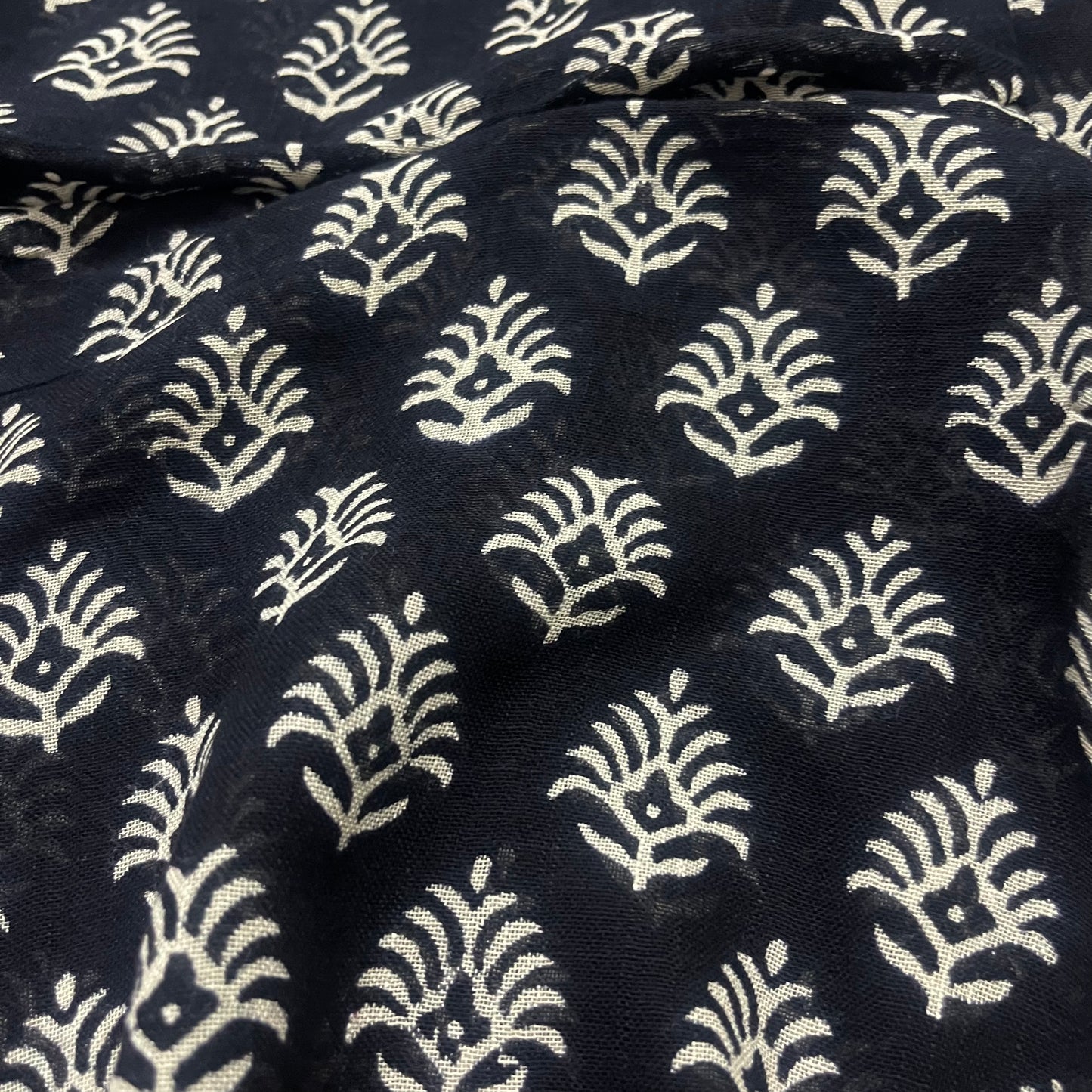 Black and white linen saree with block print all over