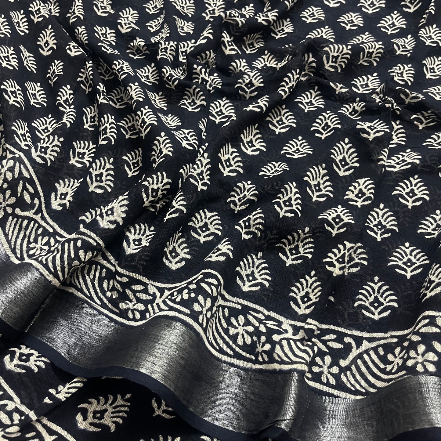 Black and white linen saree with block print all over