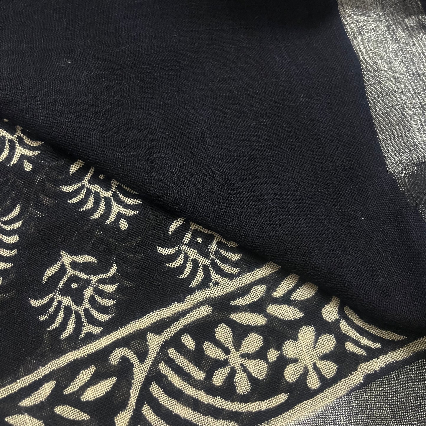 Black and white linen saree with block print all over