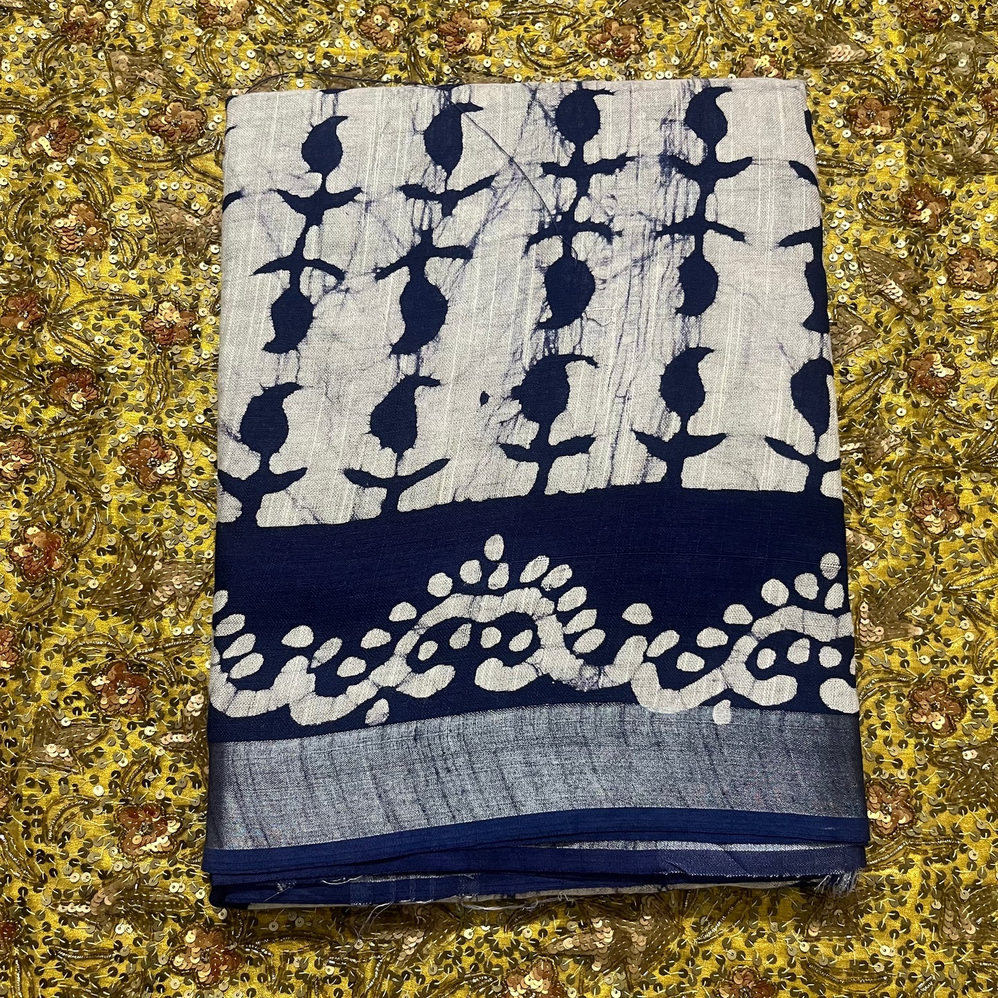 Off white and blue linen saree with block print all over