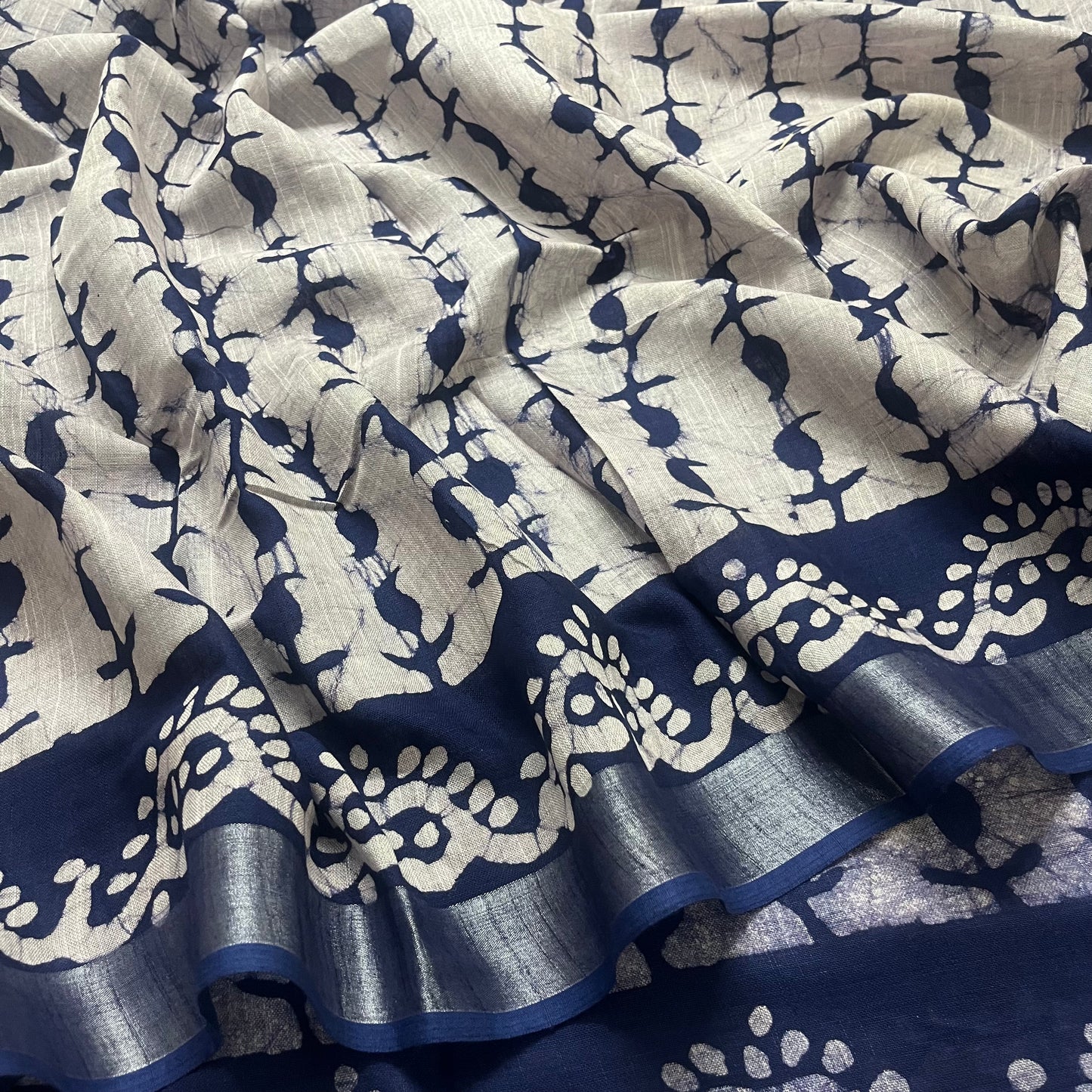Off white and blue linen saree with block print all over