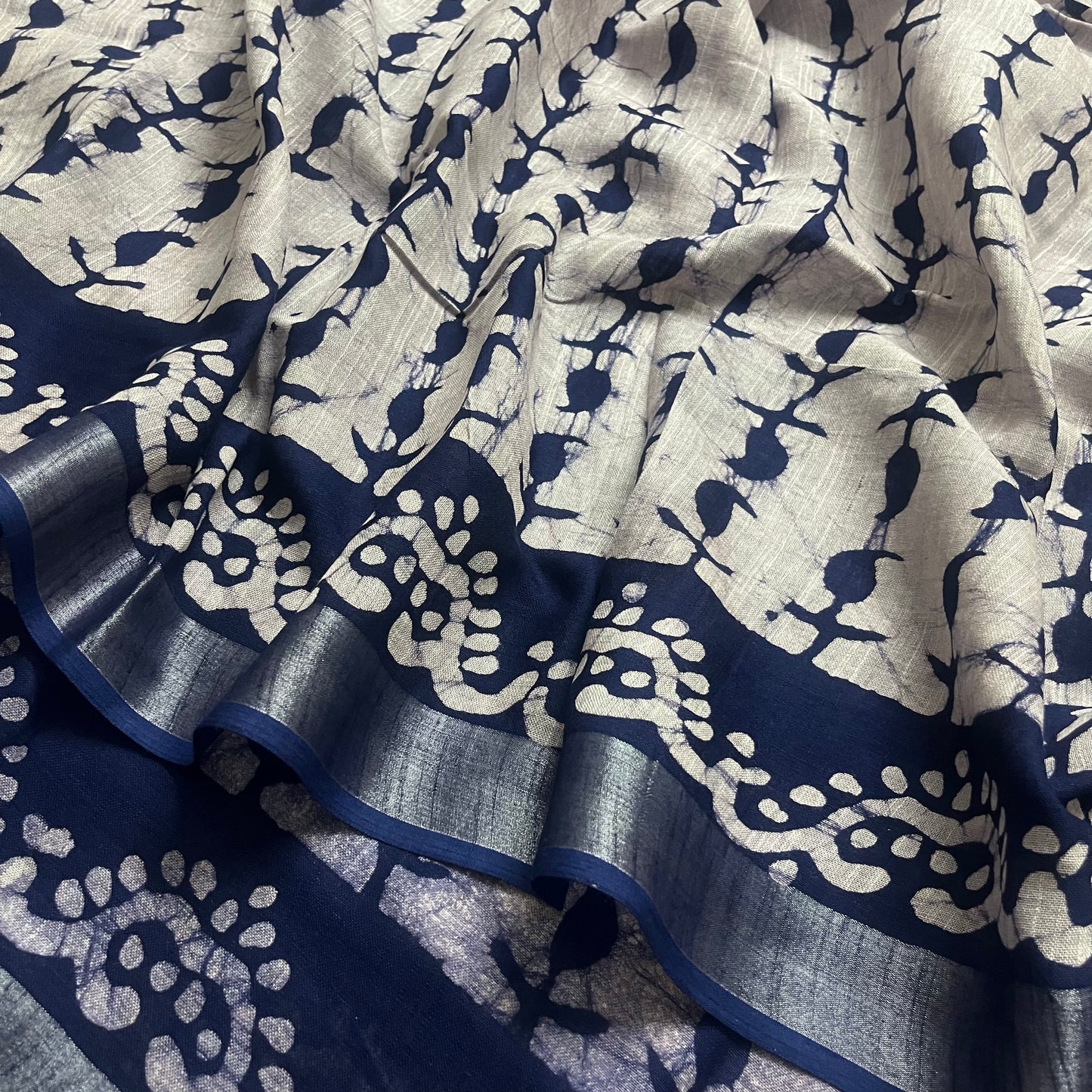 Off white and blue linen saree with block print all over