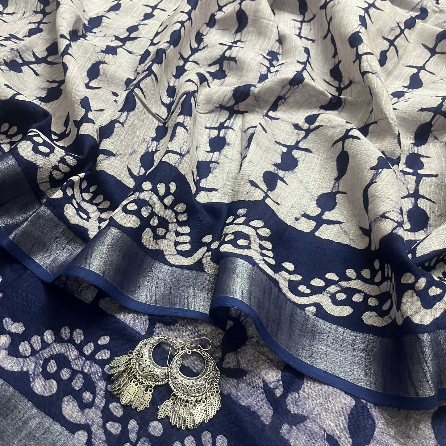 Off white and blue linen saree with block print all over