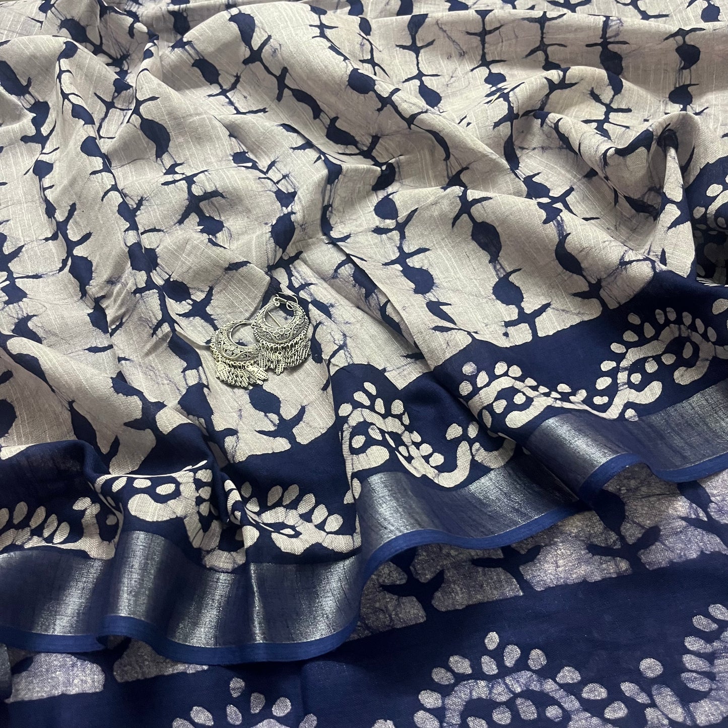 Off white and blue linen saree with block print all over