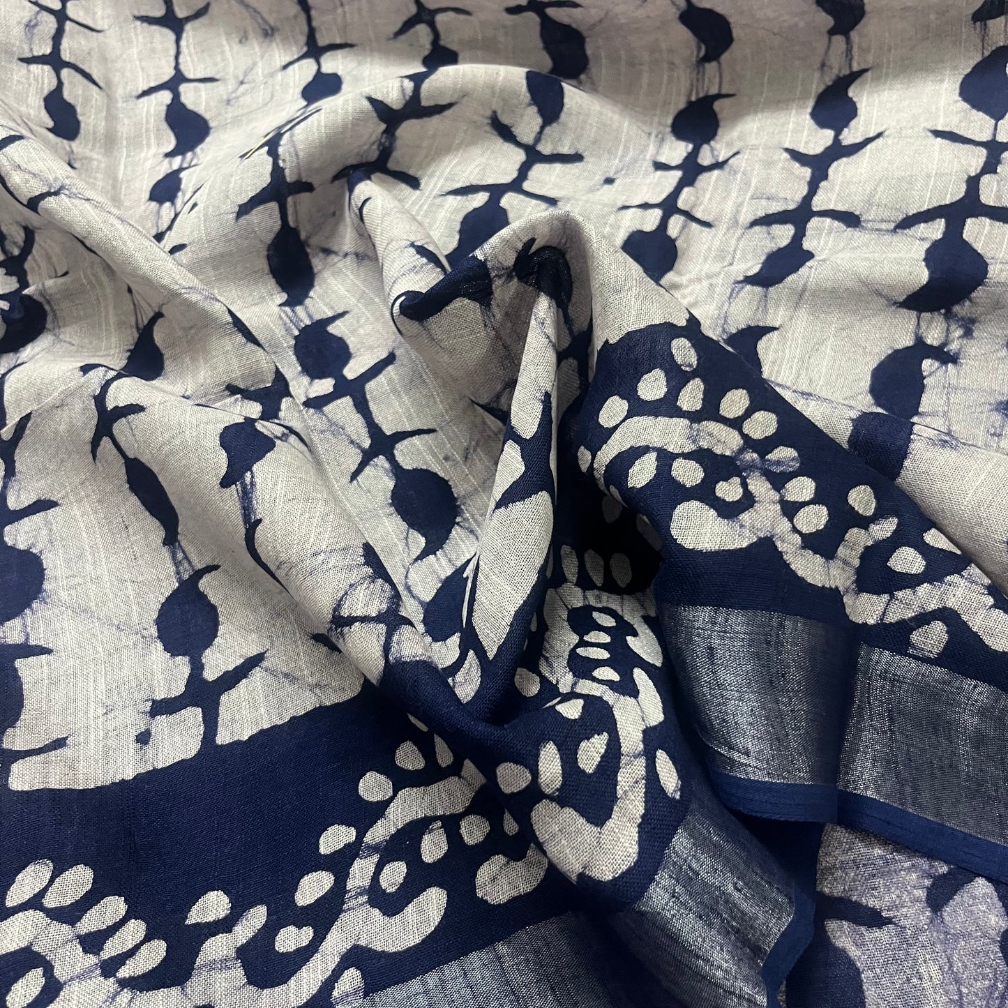 Off white and blue linen saree with block print all over