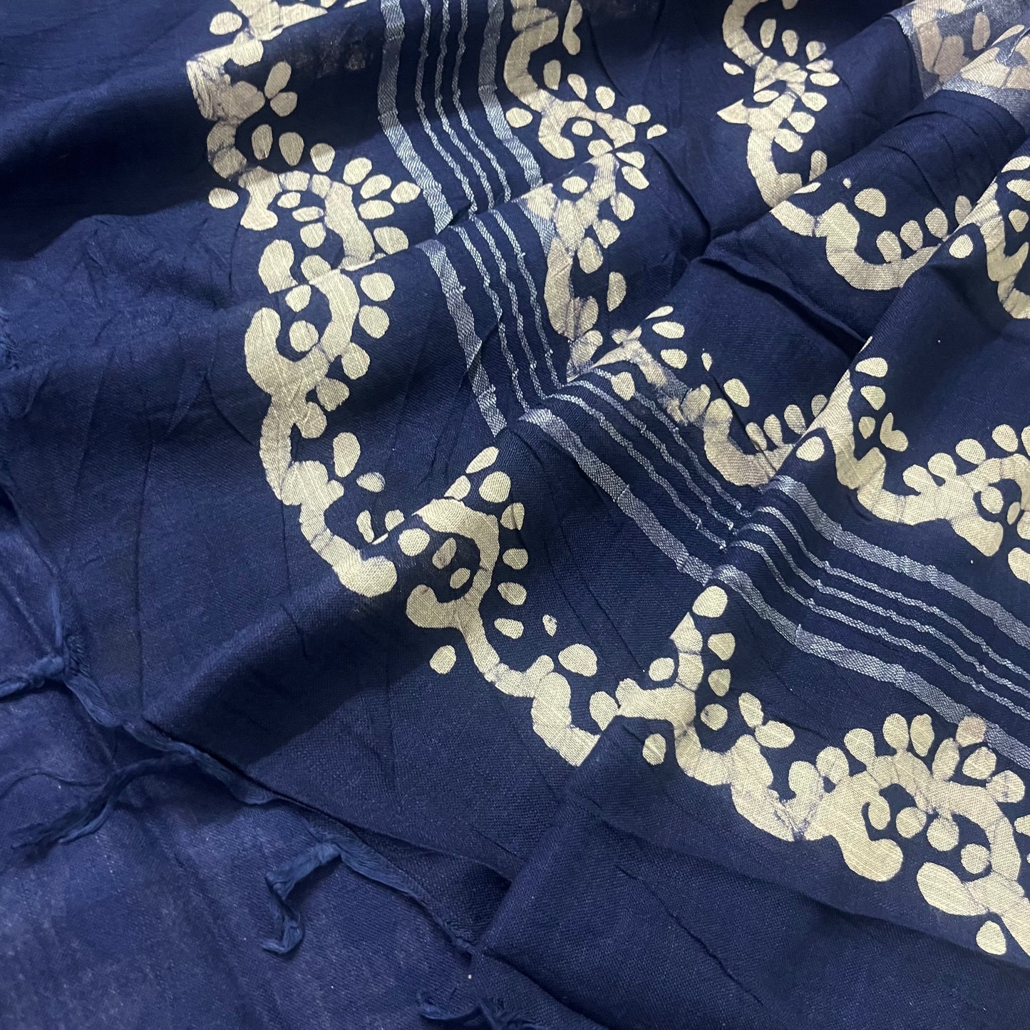 Off white and blue linen saree with block print all over