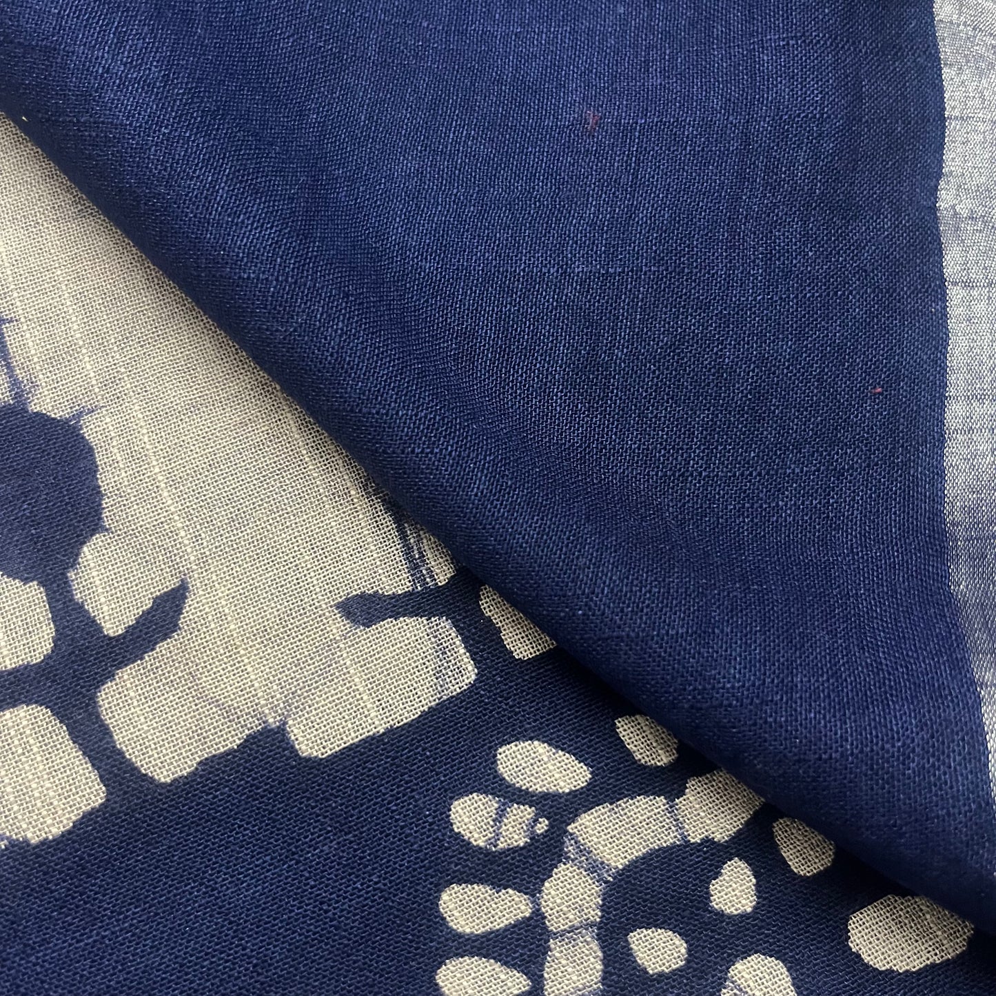 Off white and blue linen saree with block print all over