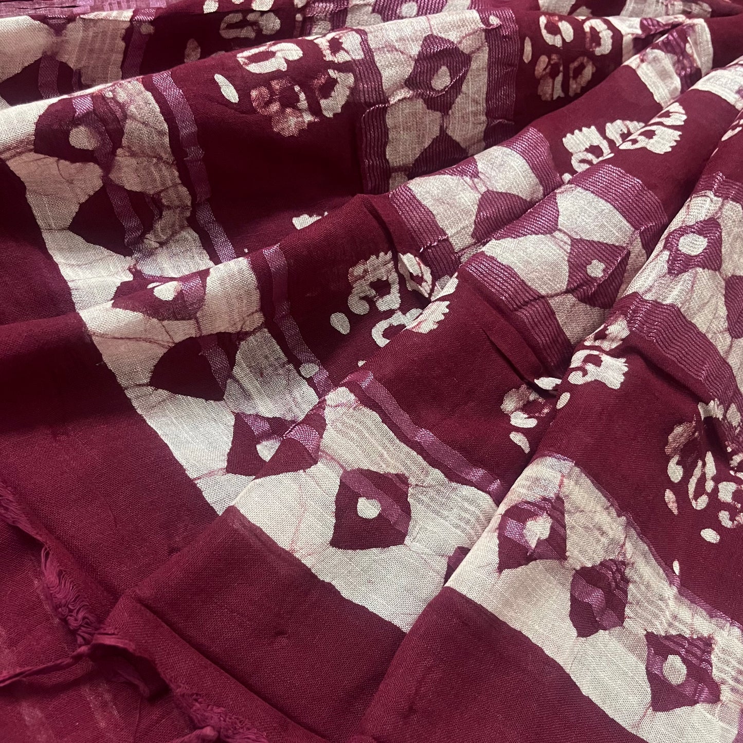 Dark maroon linen saree with block print all over