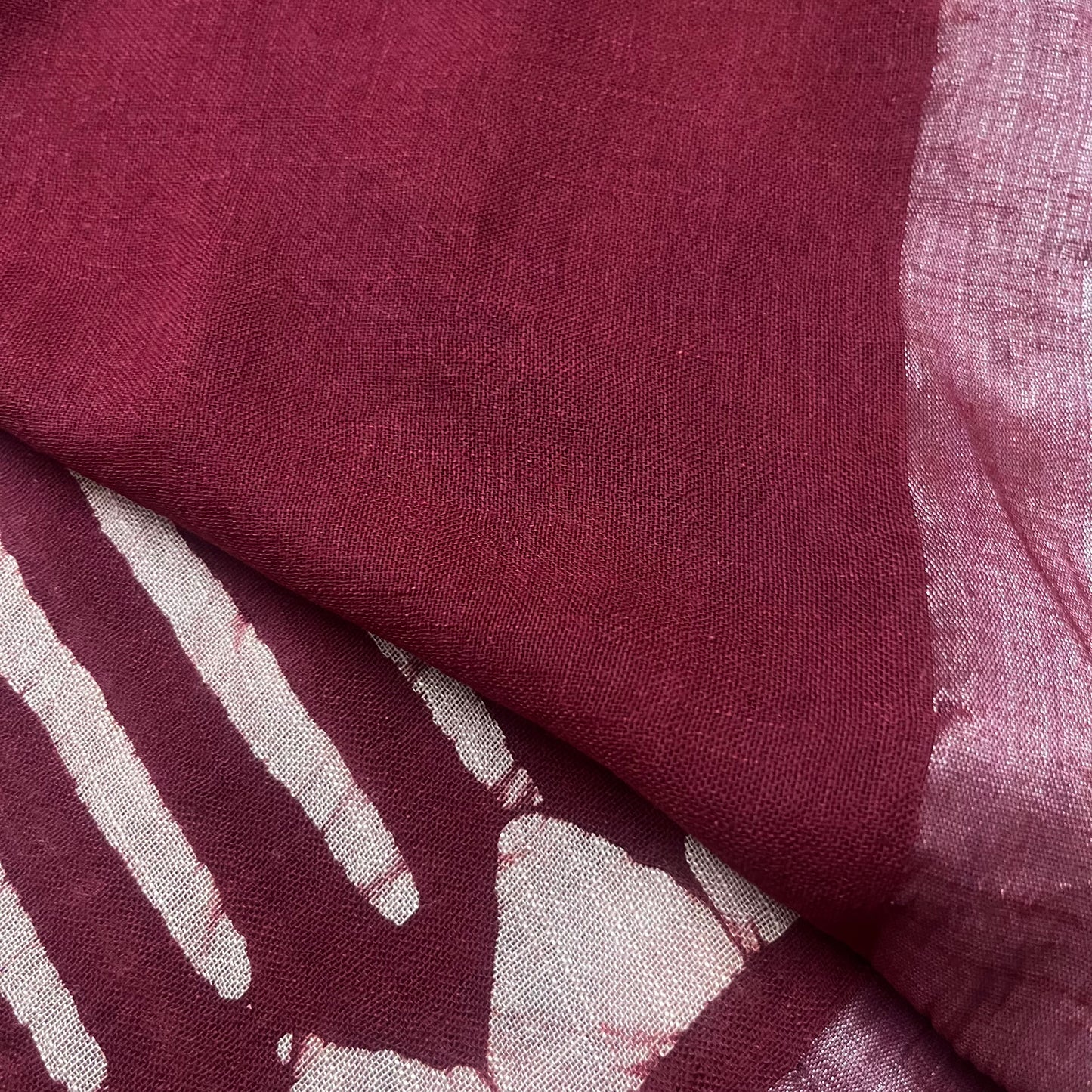 Dark maroon linen saree with block print all over