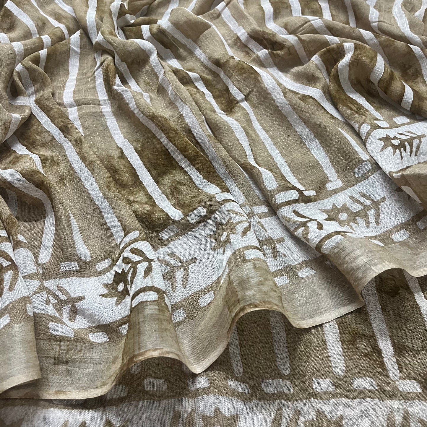 Beige linen saree with block print all over