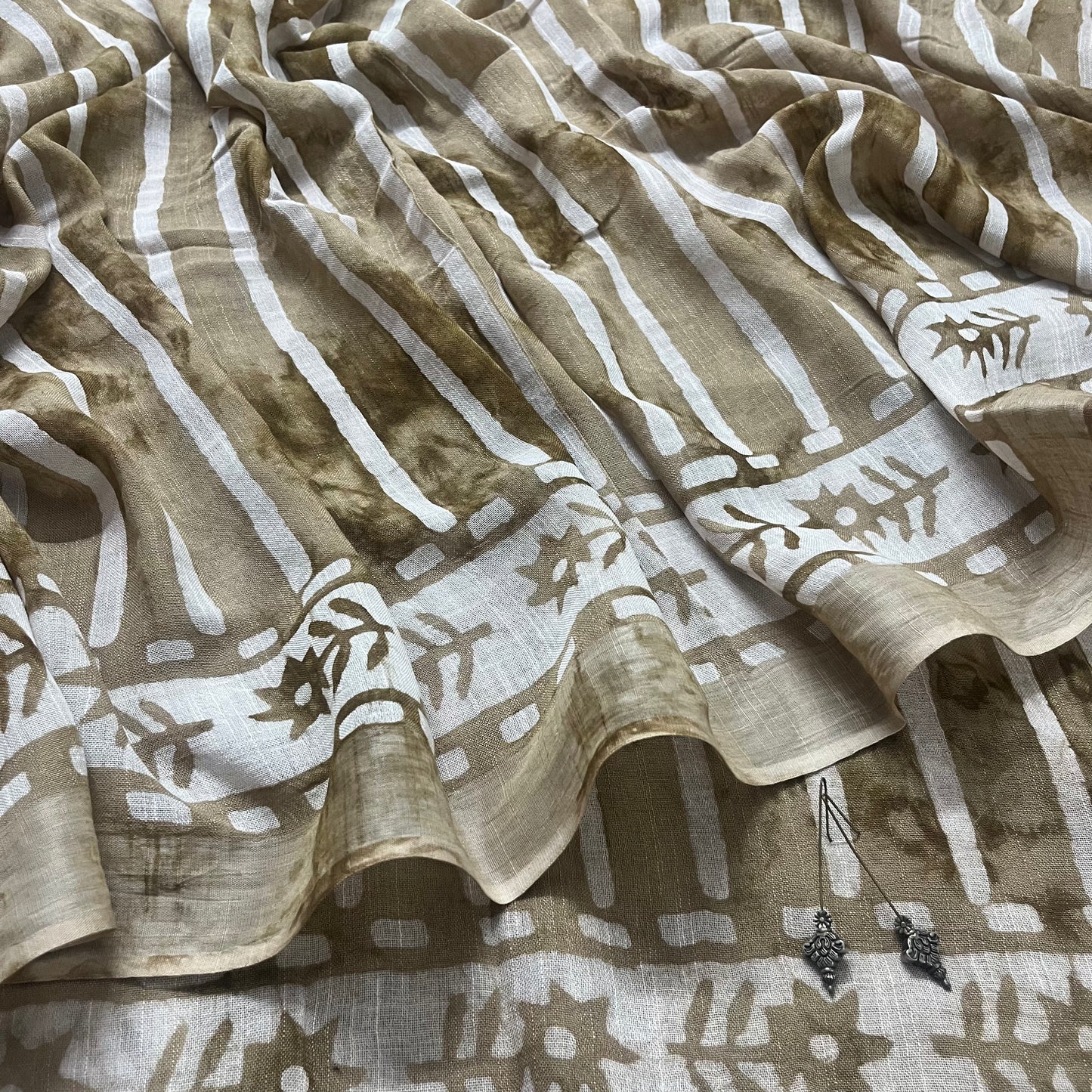 Beige linen saree with block print all over