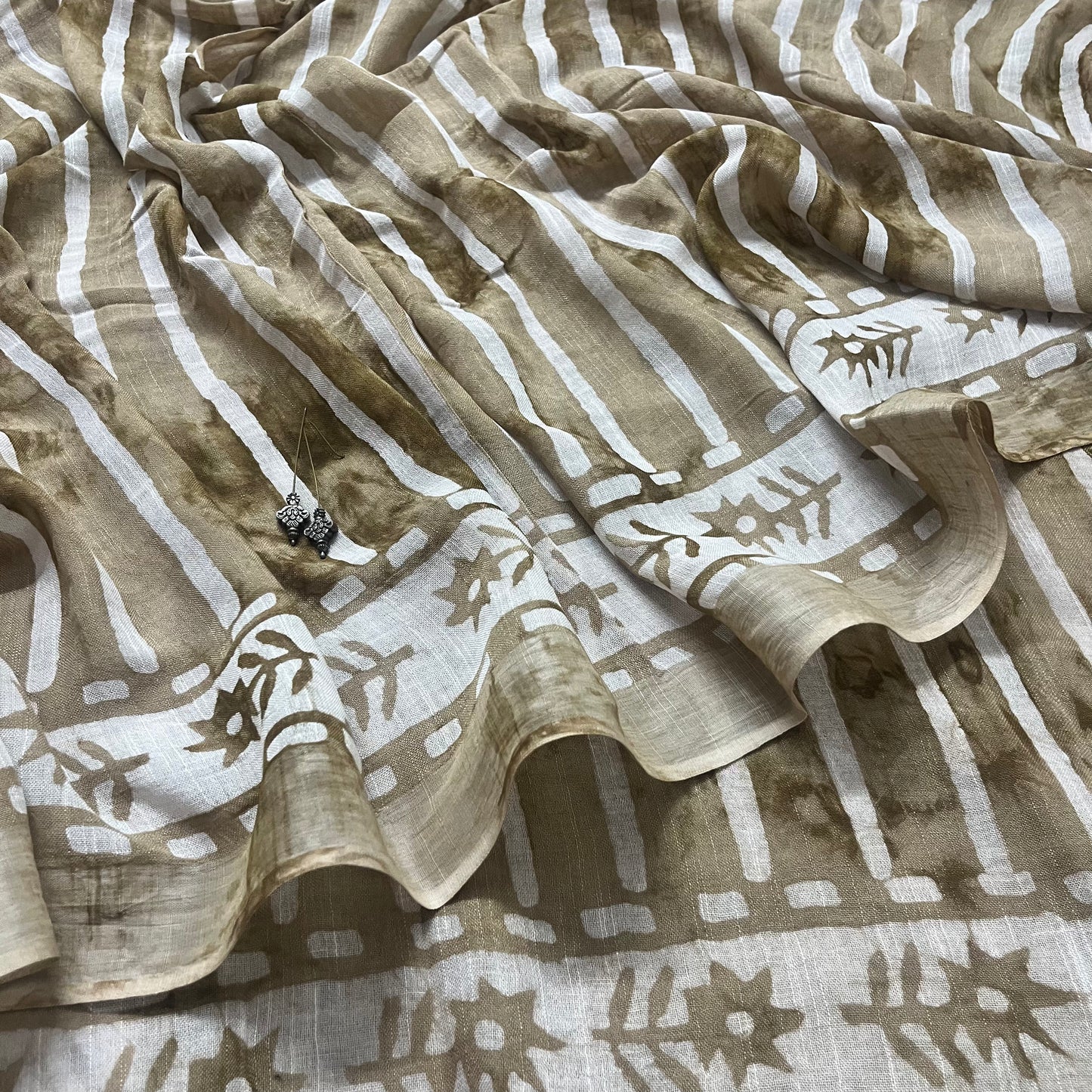 Beige linen saree with block print all over