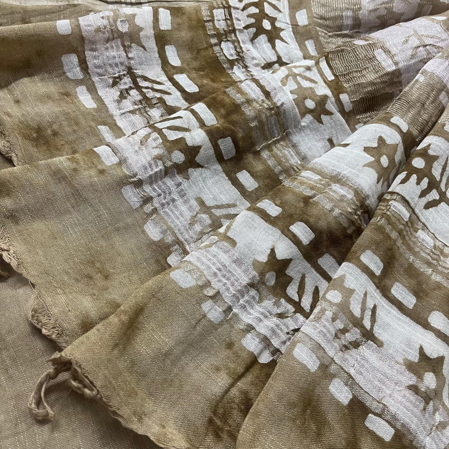 Beige linen saree with block print all over