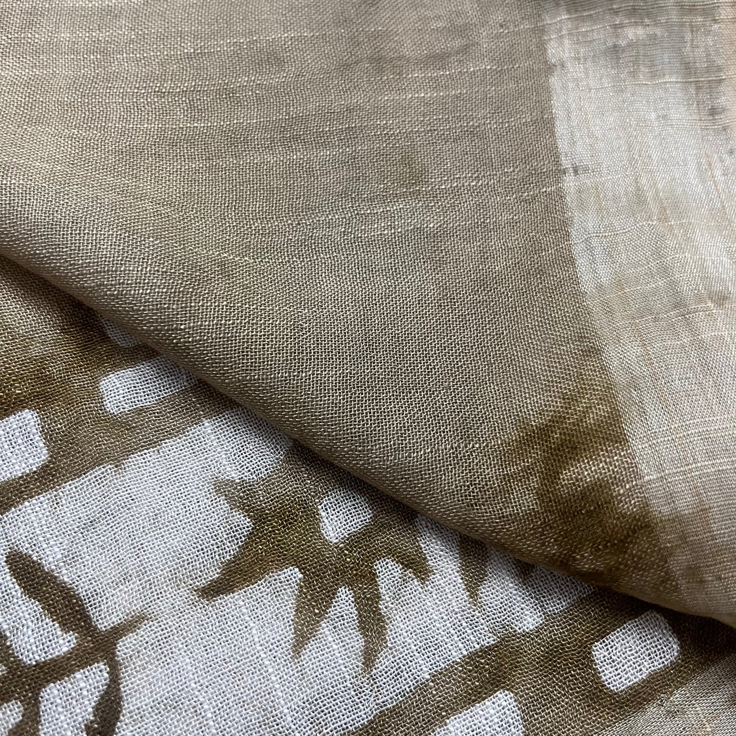 Beige linen saree with block print all over