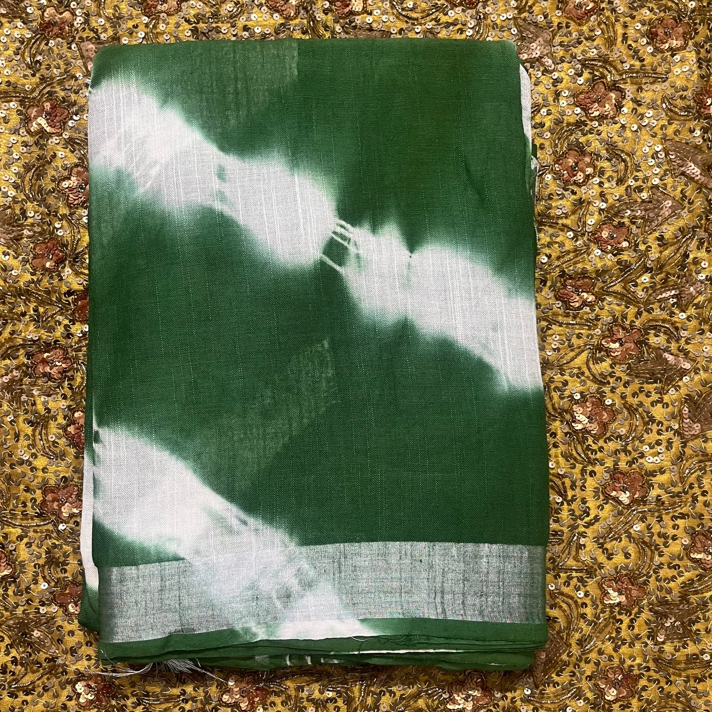 Green and white linen saree with block print all over