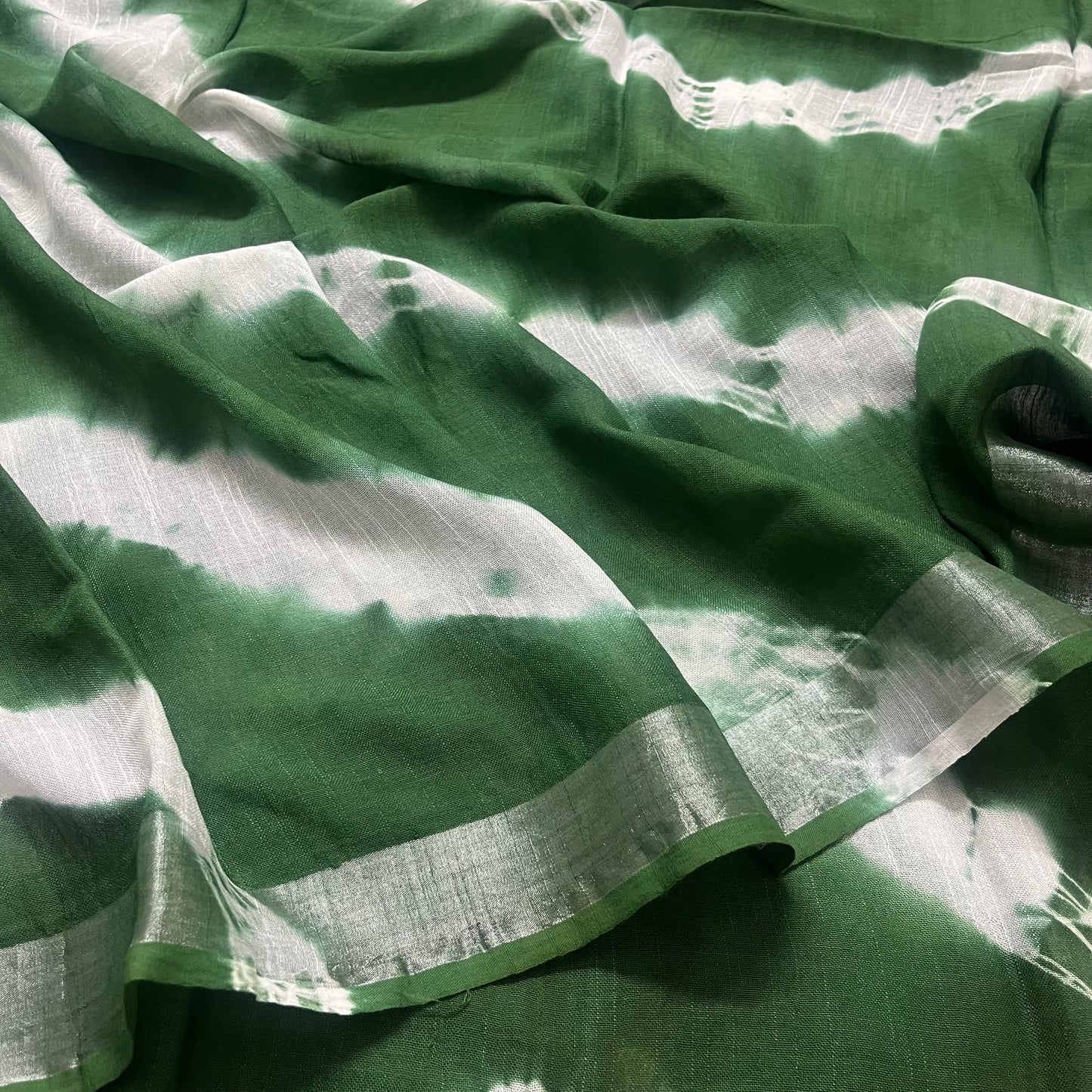 Green and white linen saree with block print all over