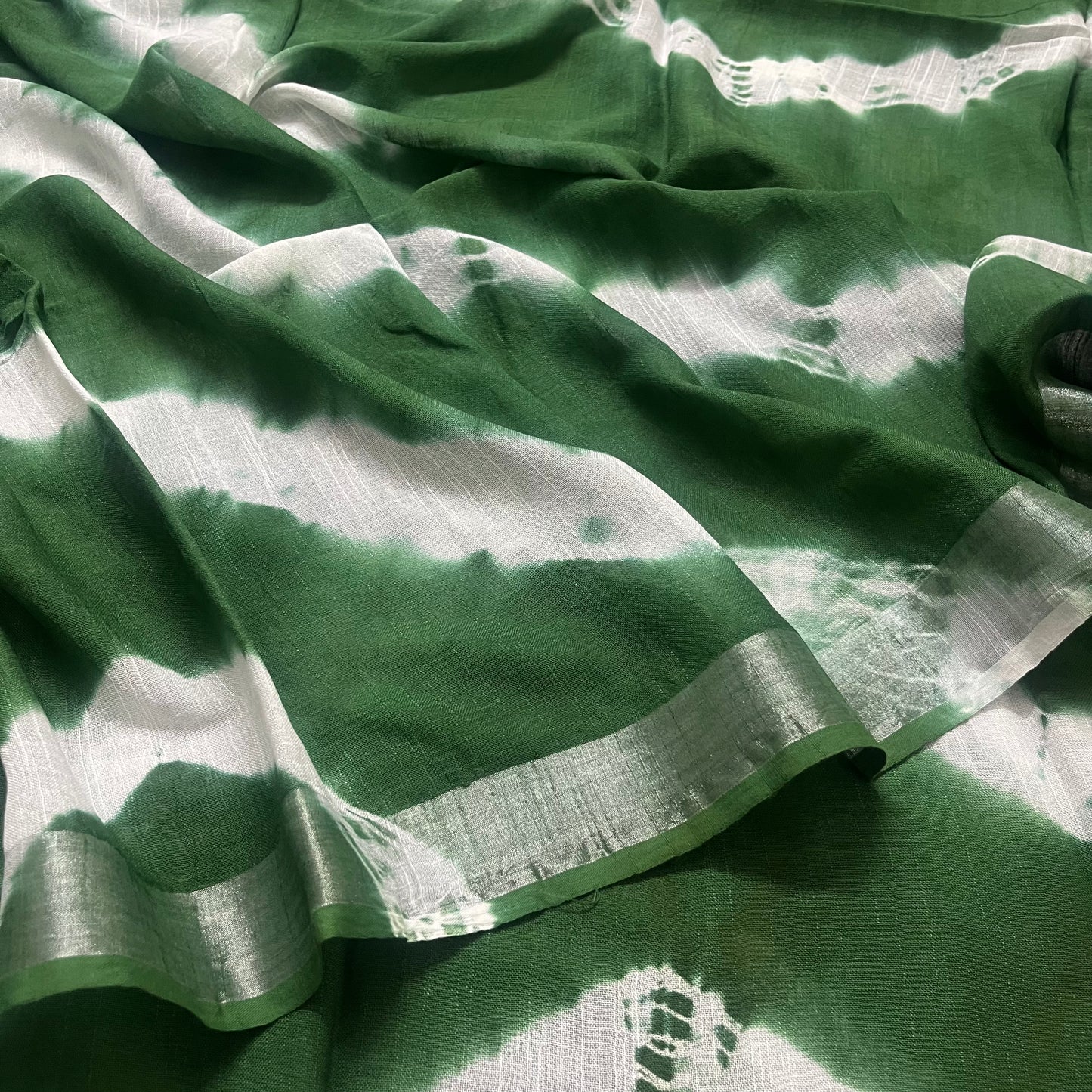 Green and white linen saree with block print all over