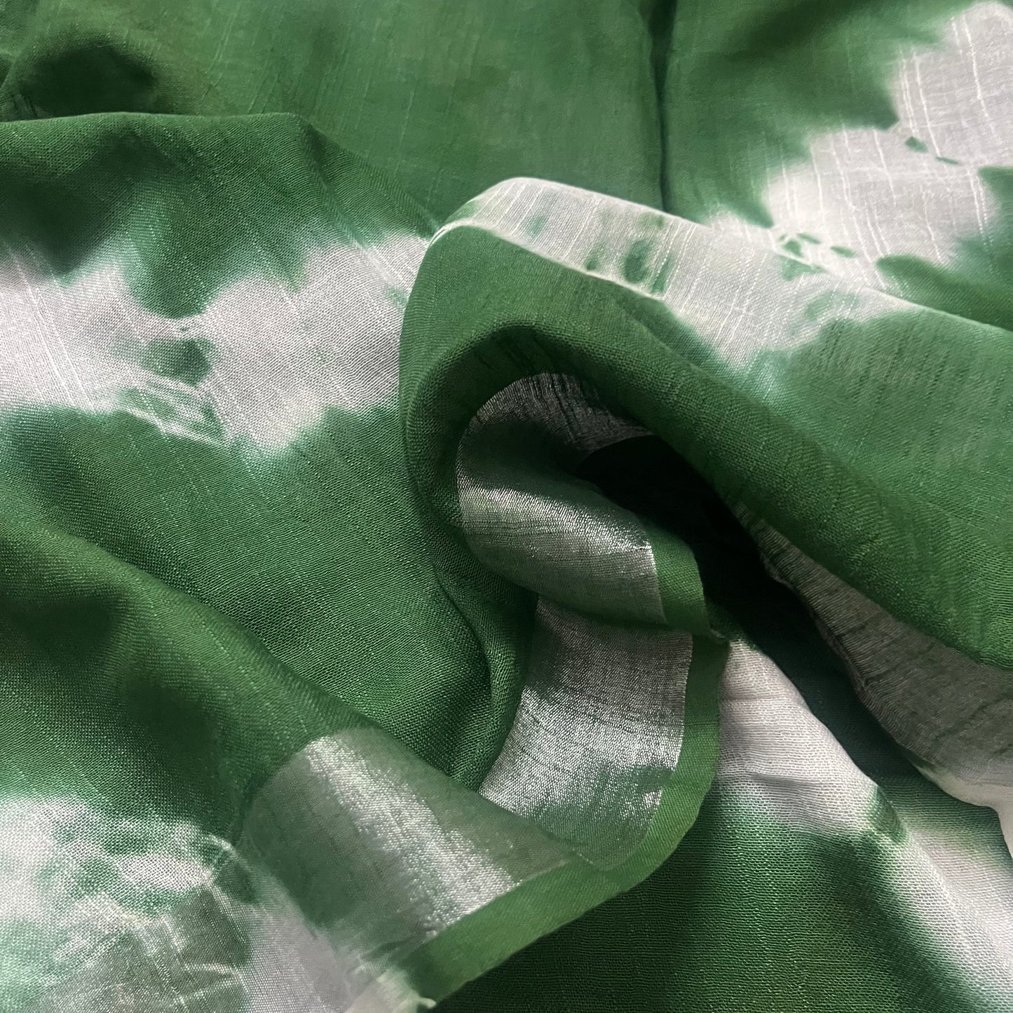 Green and white linen saree with block print all over