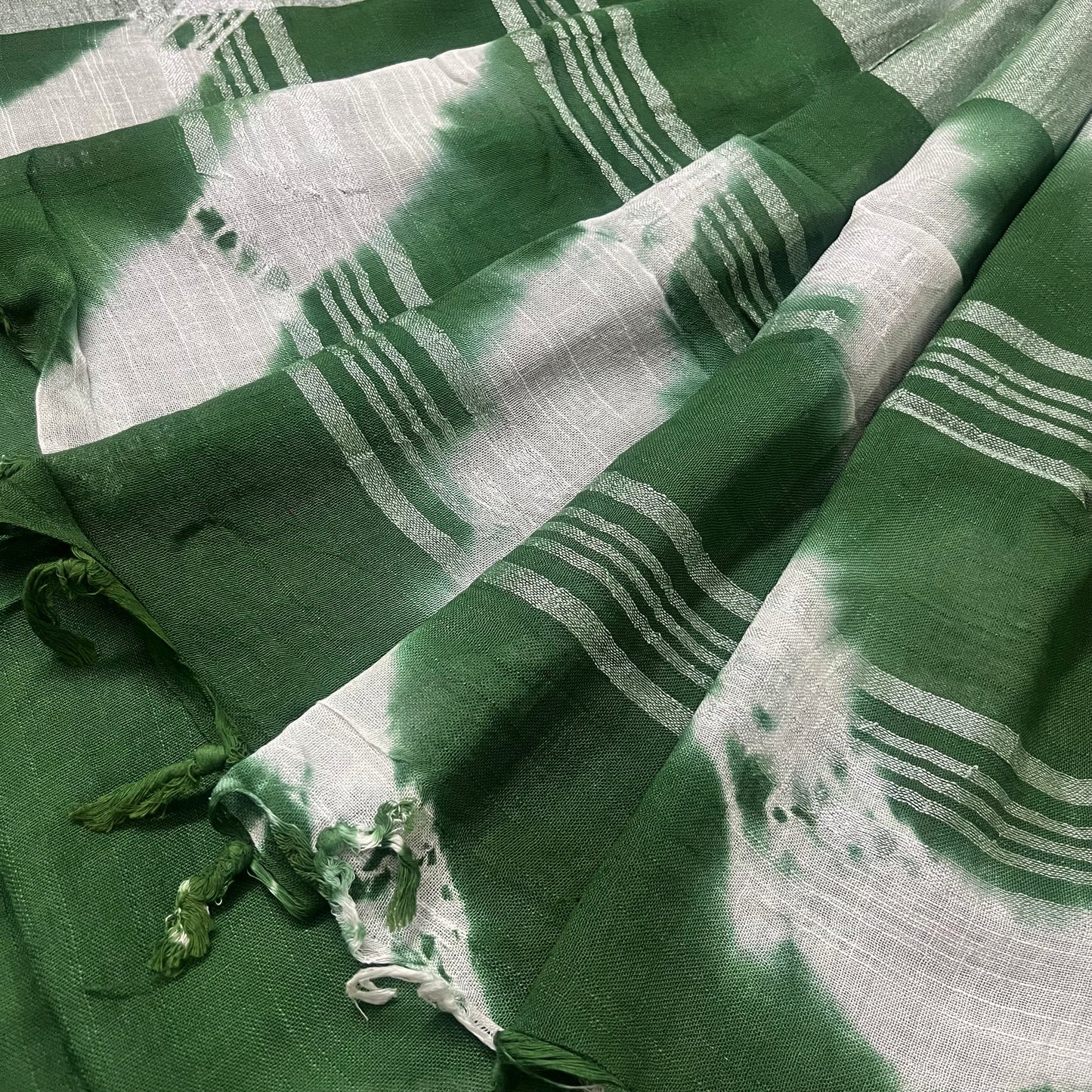 Green and white linen saree with block print all over