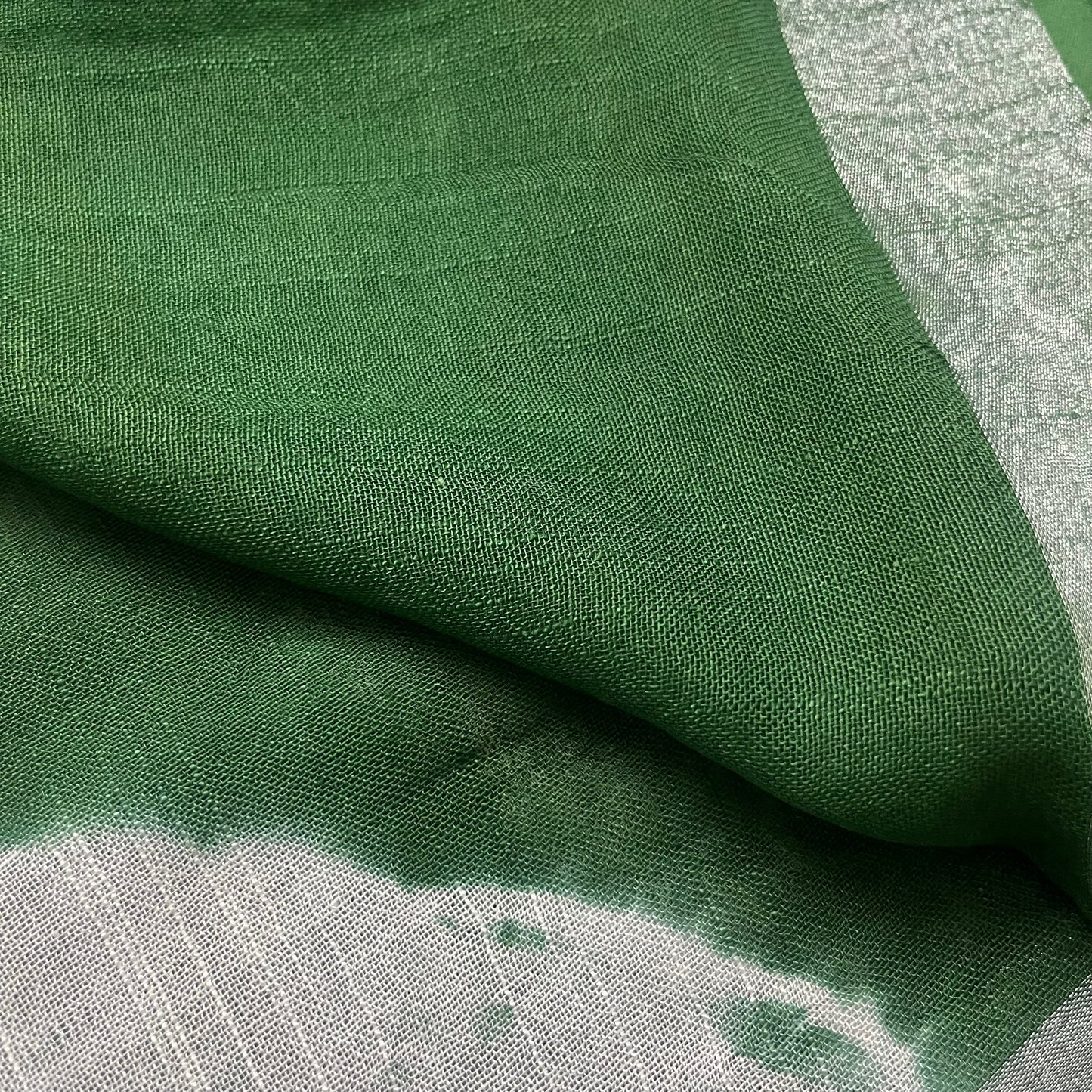 Green and white linen saree with block print all over